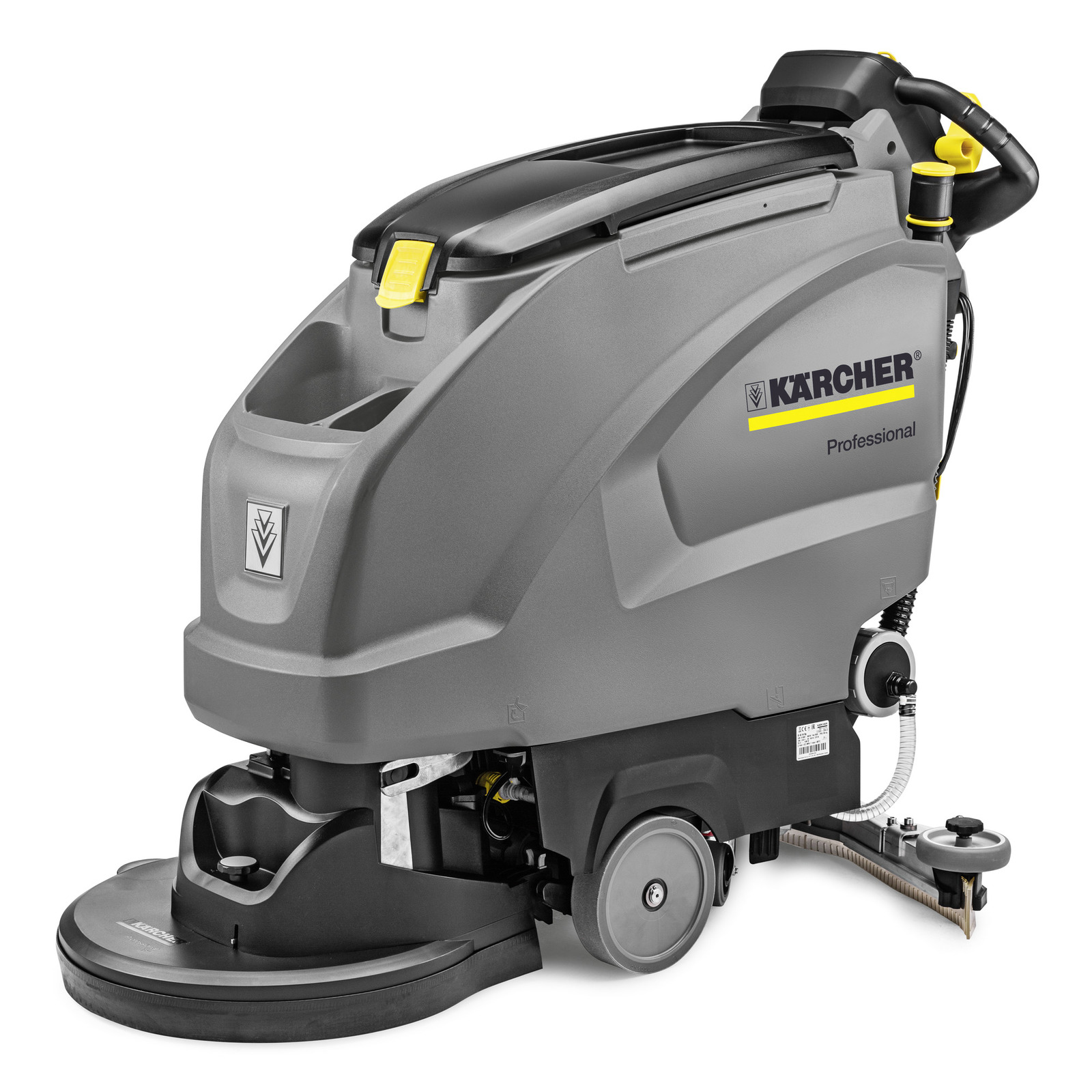 Kärcher professional floor scrubber with grey body, black top, and yellow accents, featuring wheels and a brush attachment. Kärcher professional floor scrubber with grey body, black top, and yellow accents, featuring wheels and a brush attachment.