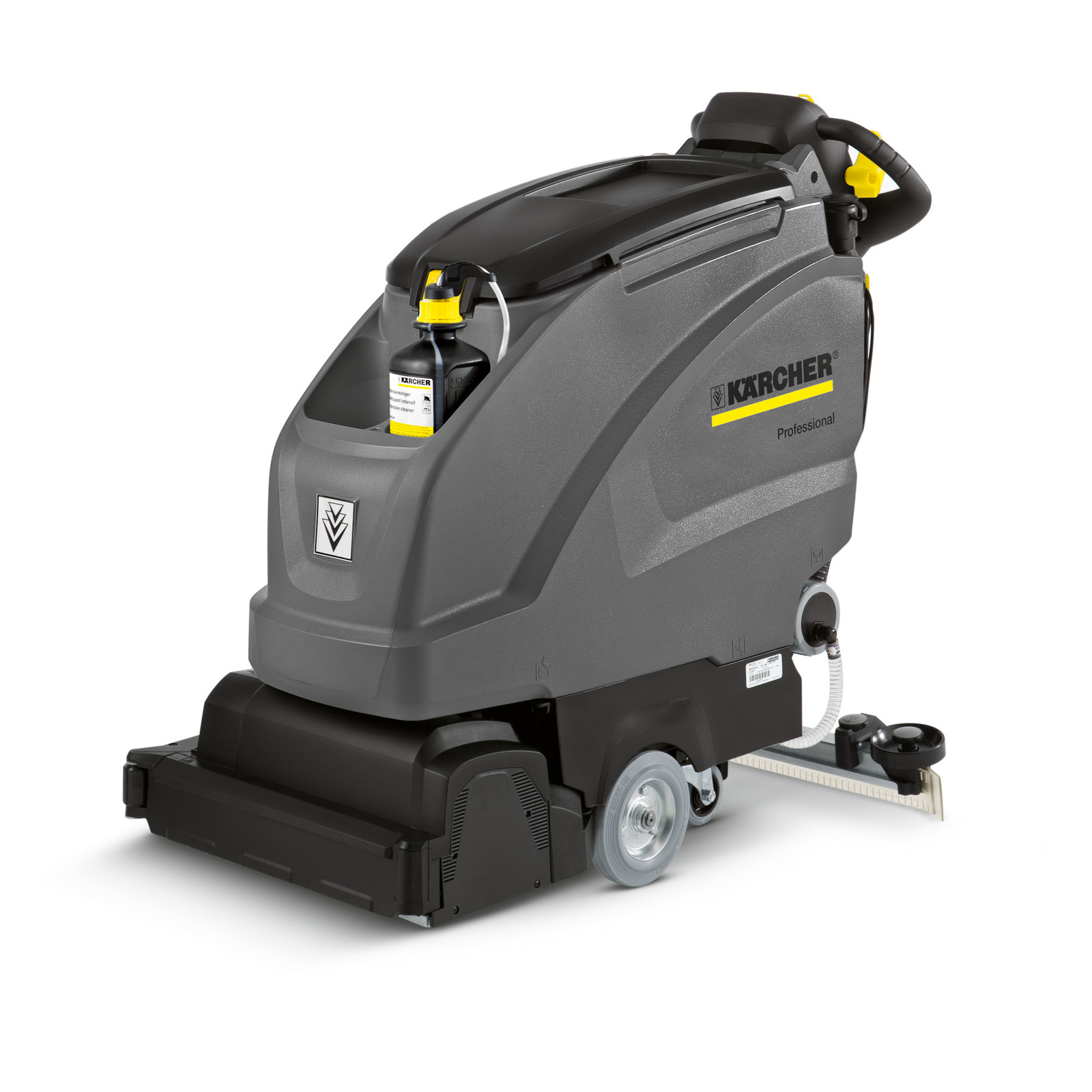Kärcher professional floor scrubber with grey body, yellow accents, and visible cleaning solution bottle. Kärcher professional floor scrubber with grey body, yellow accents, and visible cleaning solution bottle.