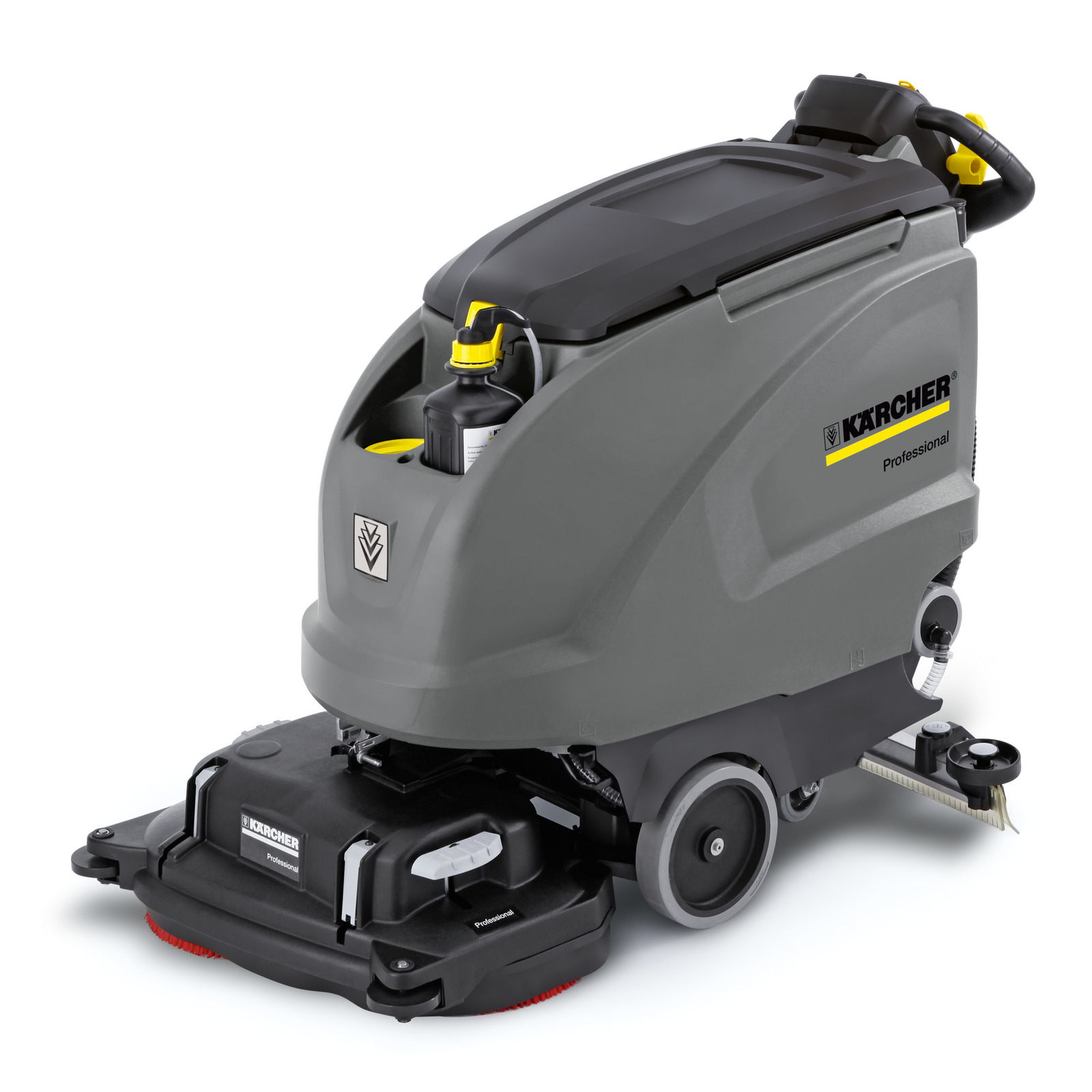 Kärcher professional floor scrubber with grey body, black top, and red brushes, featuring wheels and cleaning solution compartment. Kärcher professional floor scrubber with grey body, black top, and red brushes, featuring wheels and cleaning solution compartment.