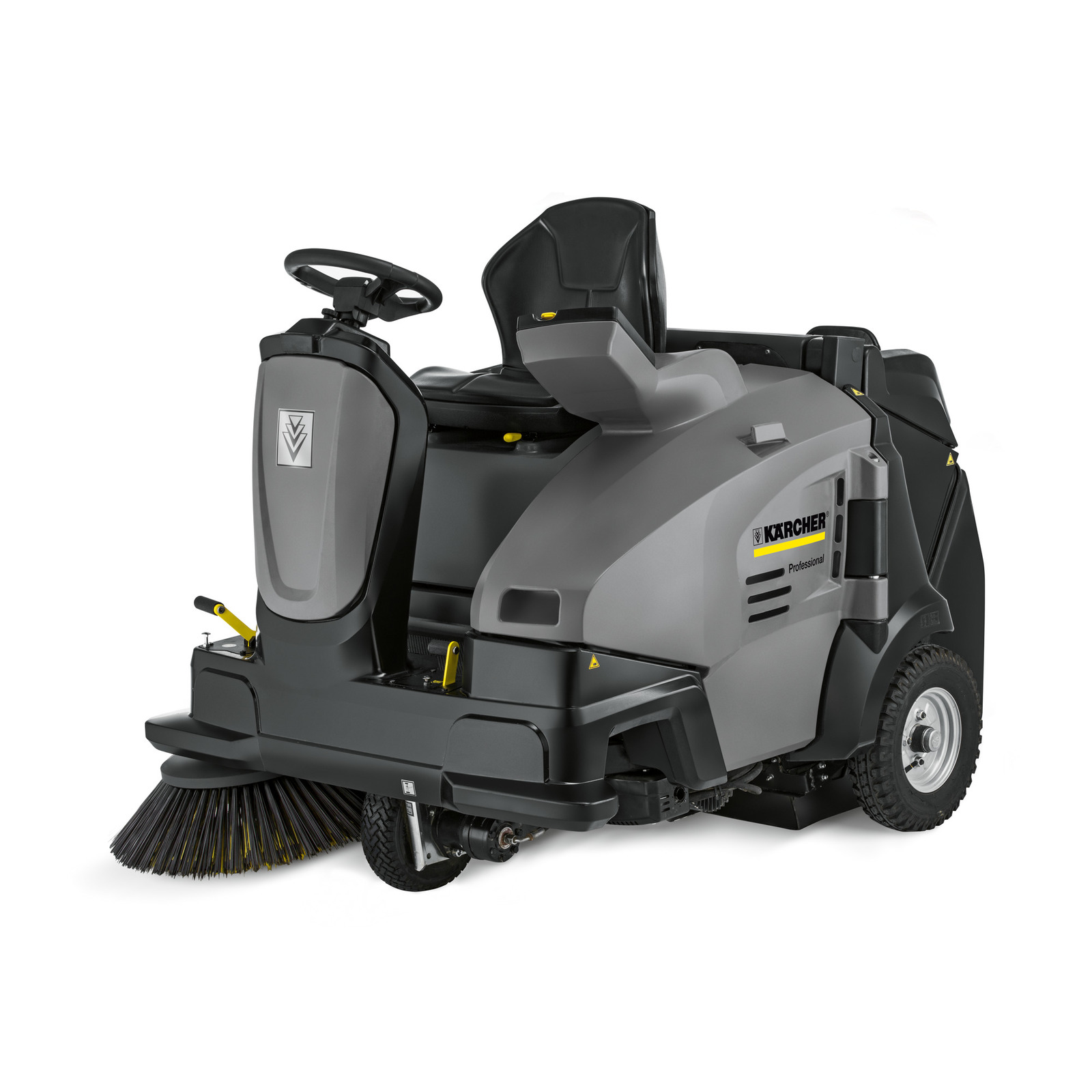 Kärcher ride-on sweeper with steering wheel, black seat, and front brush, designed for professional cleaning tasks.