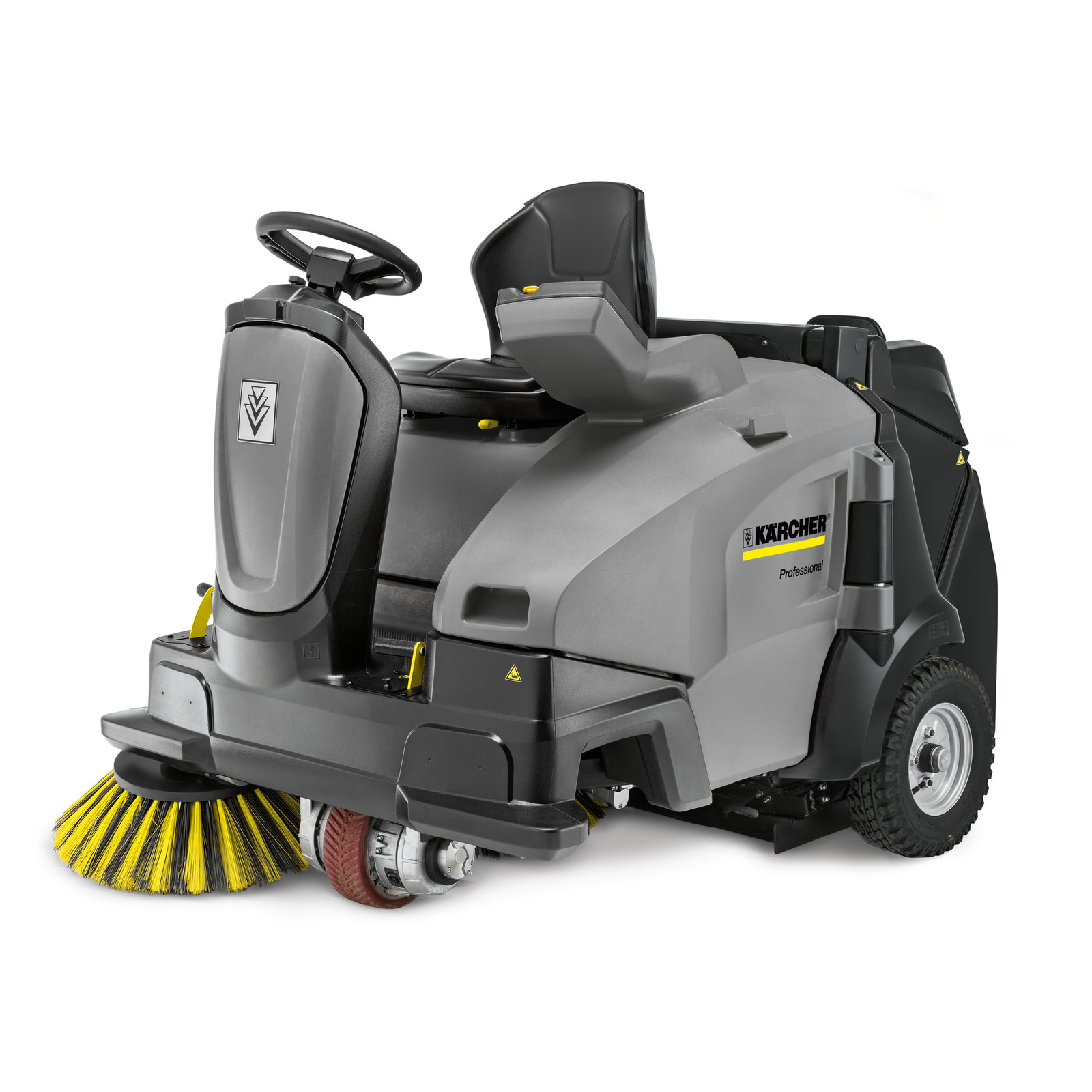 Kärcher ride-on floor sweeper with yellow brushes, grey body, and steering wheel, designed for professional cleaning. Kärcher ride-on floor sweeper with yellow brushes, grey body, and steering wheel, designed for professional cleaning.