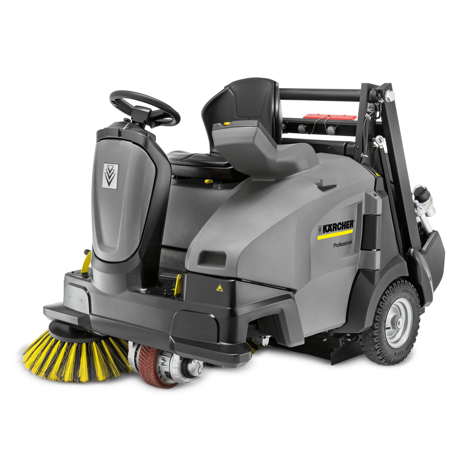 Kärcher ride-on floor sweeper with yellow brushes, grey body, and steering wheel, designed for professional cleaning. Kärcher ride-on floor sweeper with yellow brushes, grey body, and steering wheel, designed for professional cleaning.
