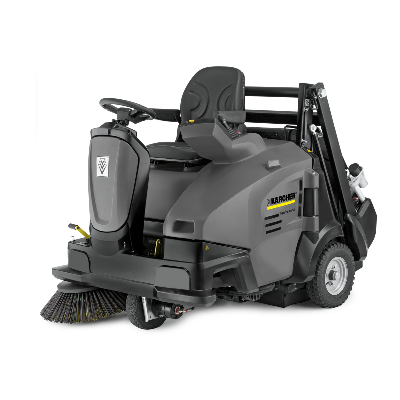 Kärcher ride-on floor sweeper with a black seat, steering wheel, and large front brush. Kärcher ride-on floor sweeper with a black seat, steering wheel, and large front brush.