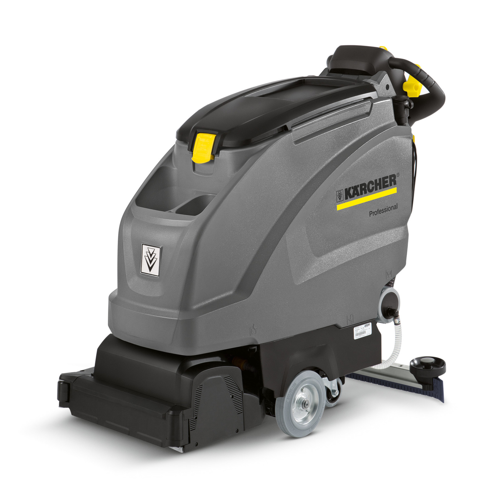 Kärcher professional floor scrubber with grey body, black top, and yellow accents, featuring wheels and a brush attachment.