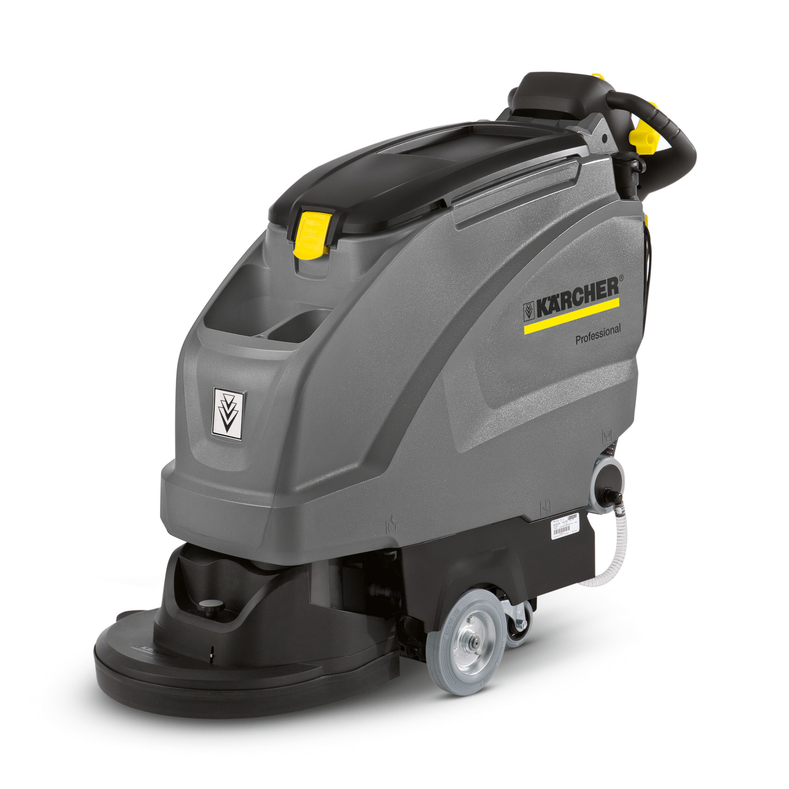 Kärcher floor scrubber with grey body, black top, and yellow accents, featuring wheels and a brush at the base. Kärcher floor scrubber with grey body, black top, and yellow accents, featuring wheels and a brush at the base.