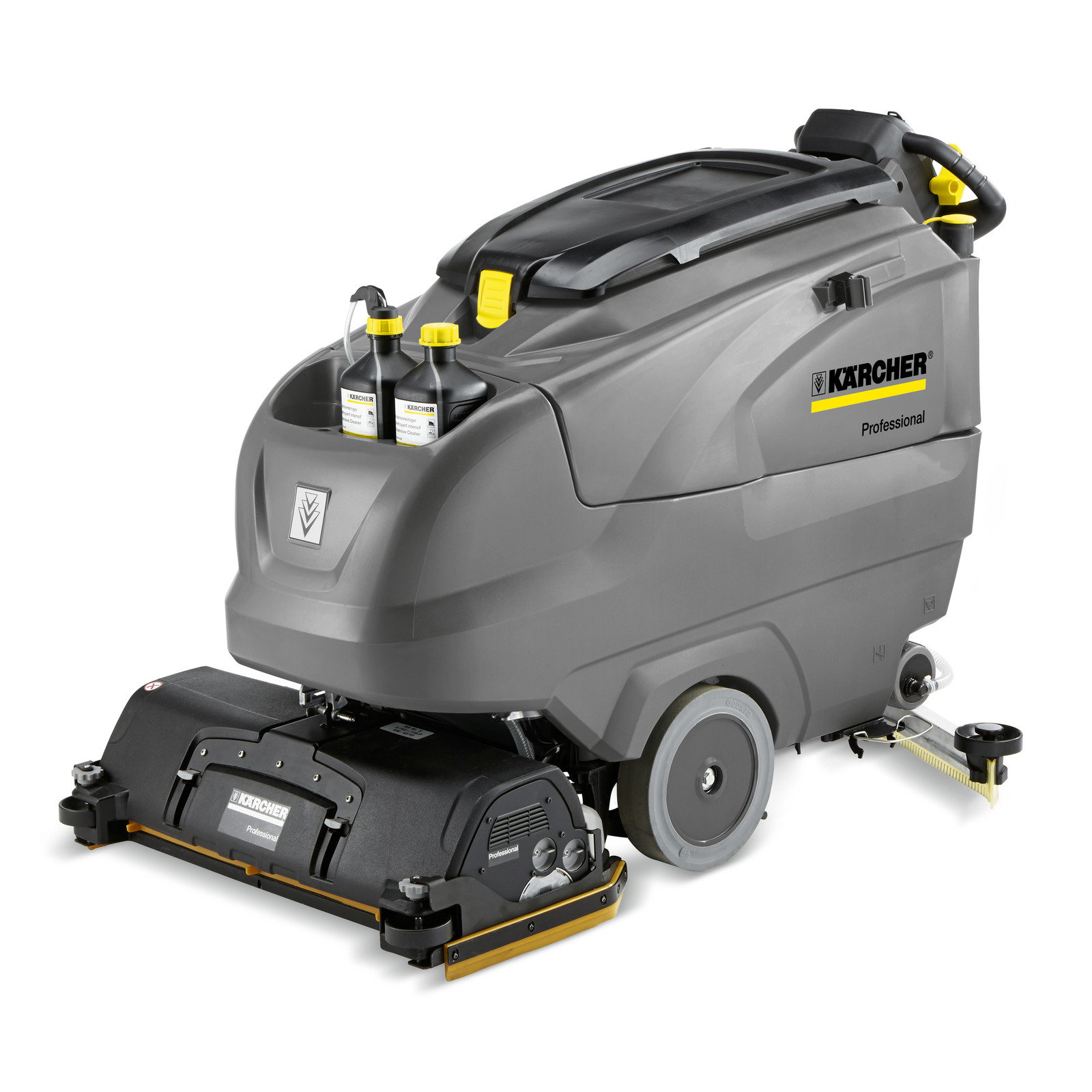 Kärcher floor scrubber with grey body, two wheels, and detergent bottles on top.