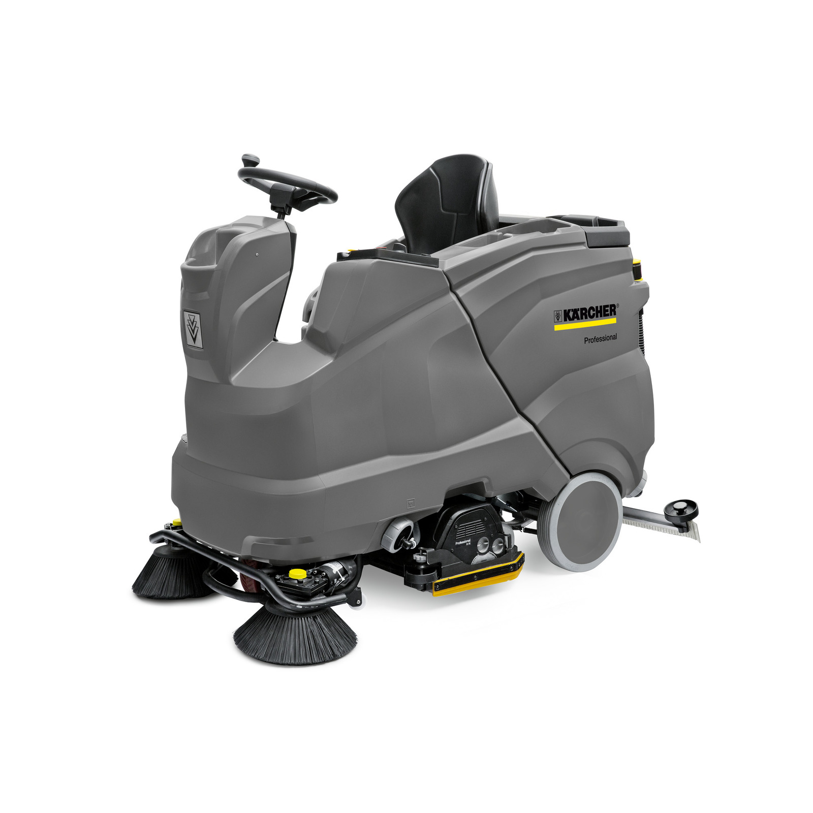 Grey Kärcher ride-on floor scrubber with steering wheel and brushes visible at the front.