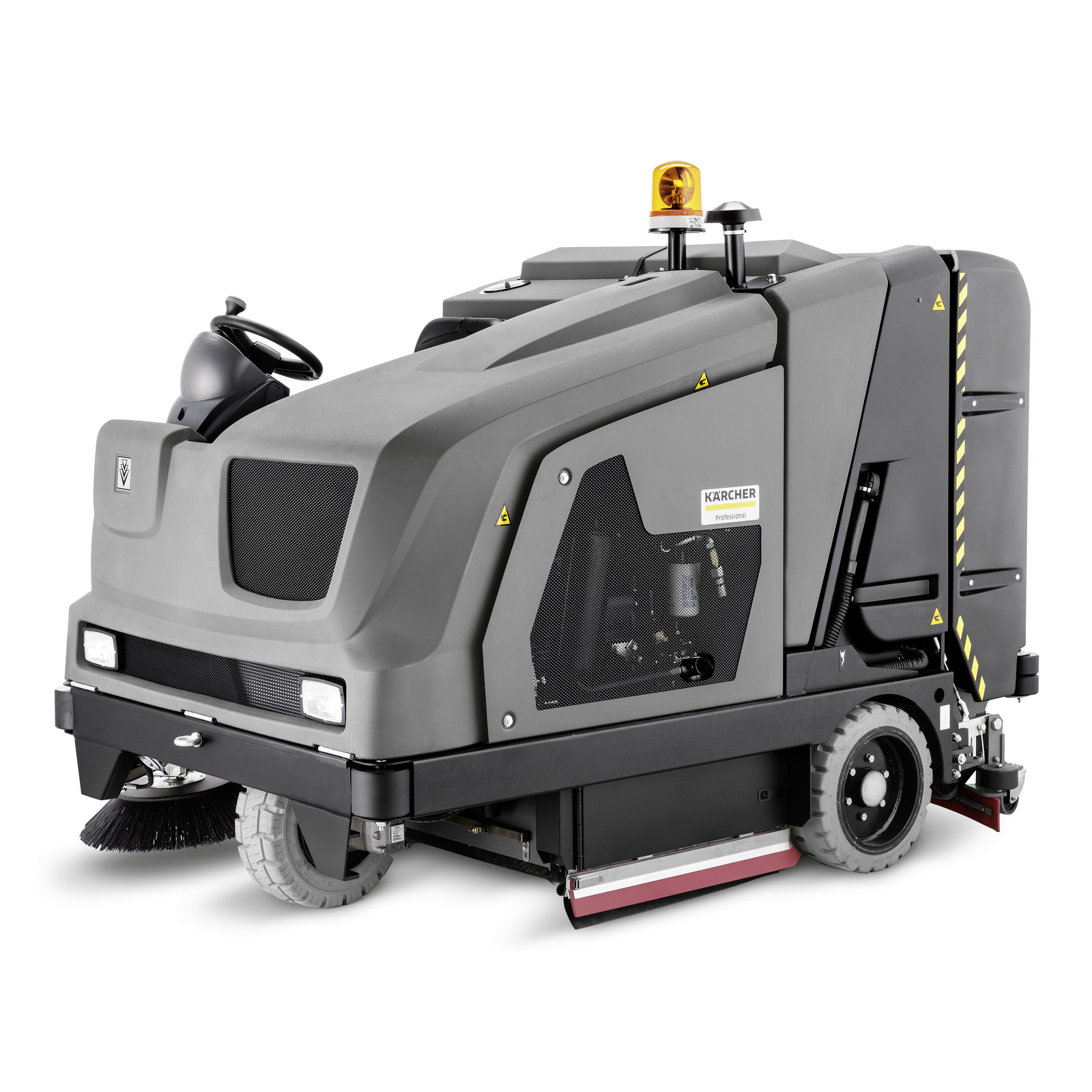 Grey Kärcher ride-on sweeper with a steering wheel, visible brushes, and an amber warning light on top.