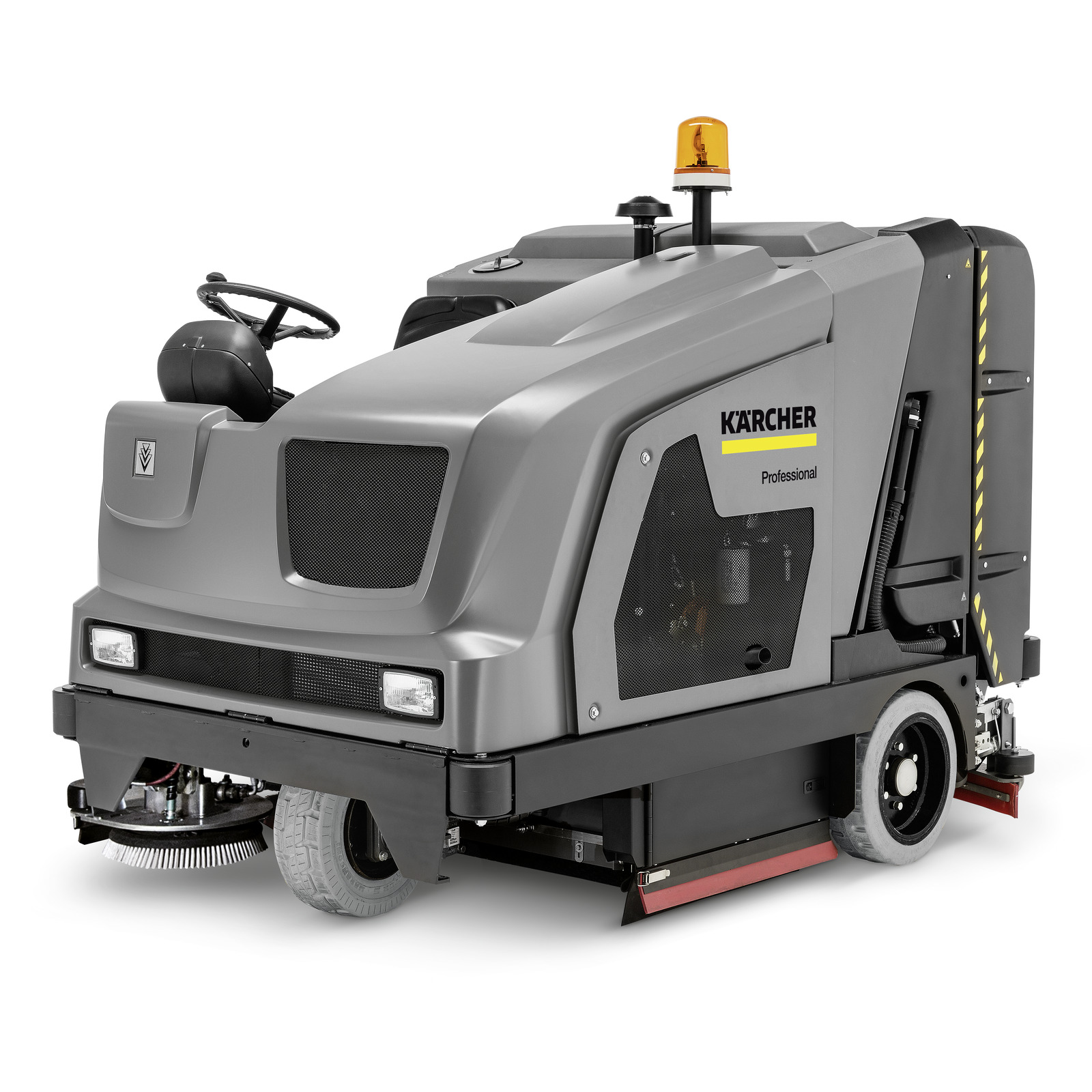Kärcher professional ride-on floor scrubber with grey body, steering wheel, and orange warning light on top.
