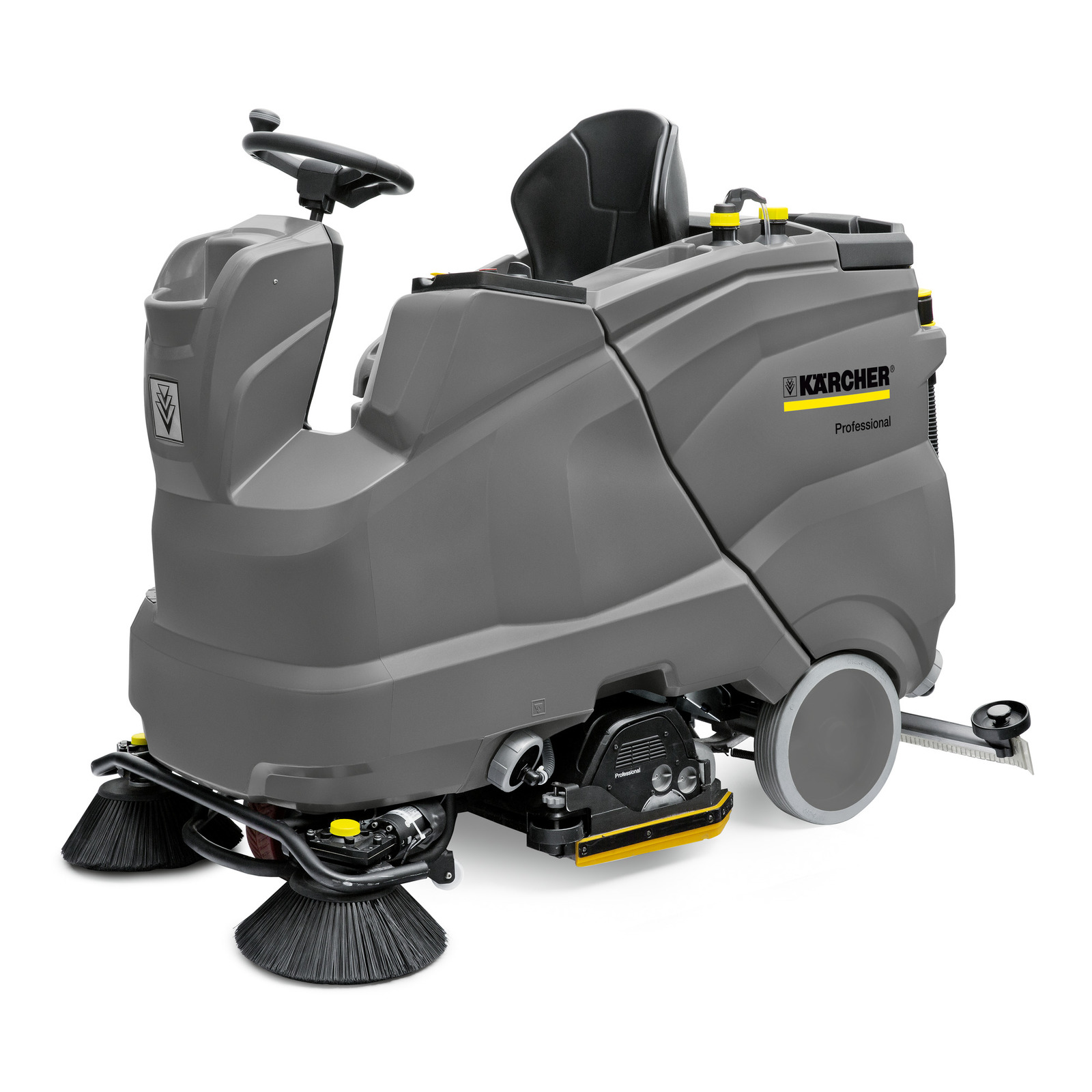 Grey Kärcher ride-on floor scrubber with steering wheel and brushes, designed for professional cleaning. Grey Kärcher ride-on floor scrubber with steering wheel and brushes, designed for professional cleaning.