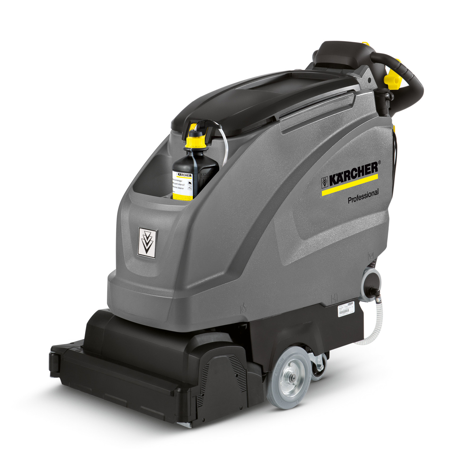 Kärcher professional floor scrubber with grey body, black handle, and visible detergent bottle in holder.
