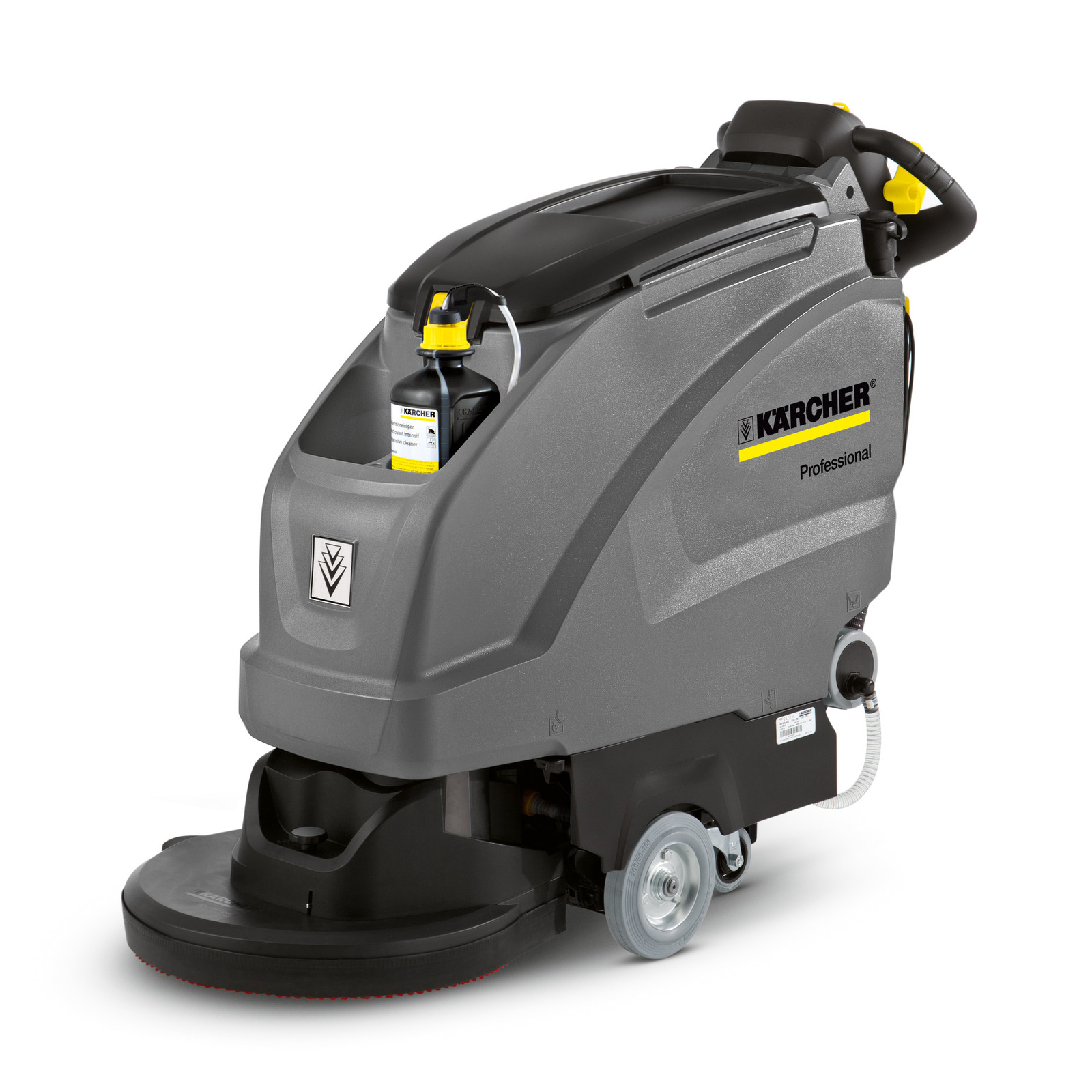 Kärcher professional floor scrubber with grey body, black top, and visible cleaning solution bottle. Kärcher professional floor scrubber with grey body, black top, and visible cleaning solution bottle.
