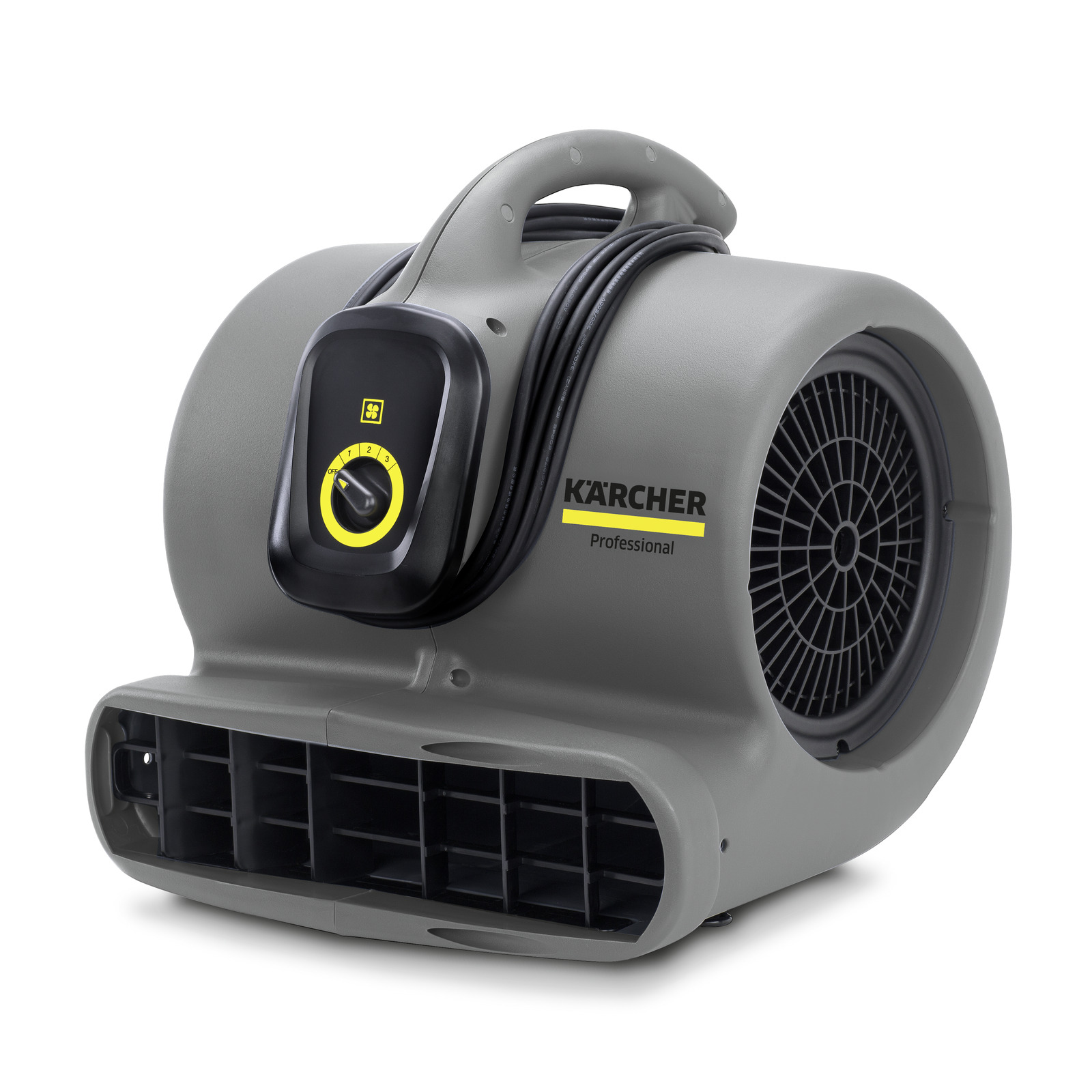 Grey Kärcher air mover with a circular fan and handle, featuring a black control panel with a yellow dial. Grey Kärcher air mover with a circular fan and handle, featuring a black control panel with a yellow dial.