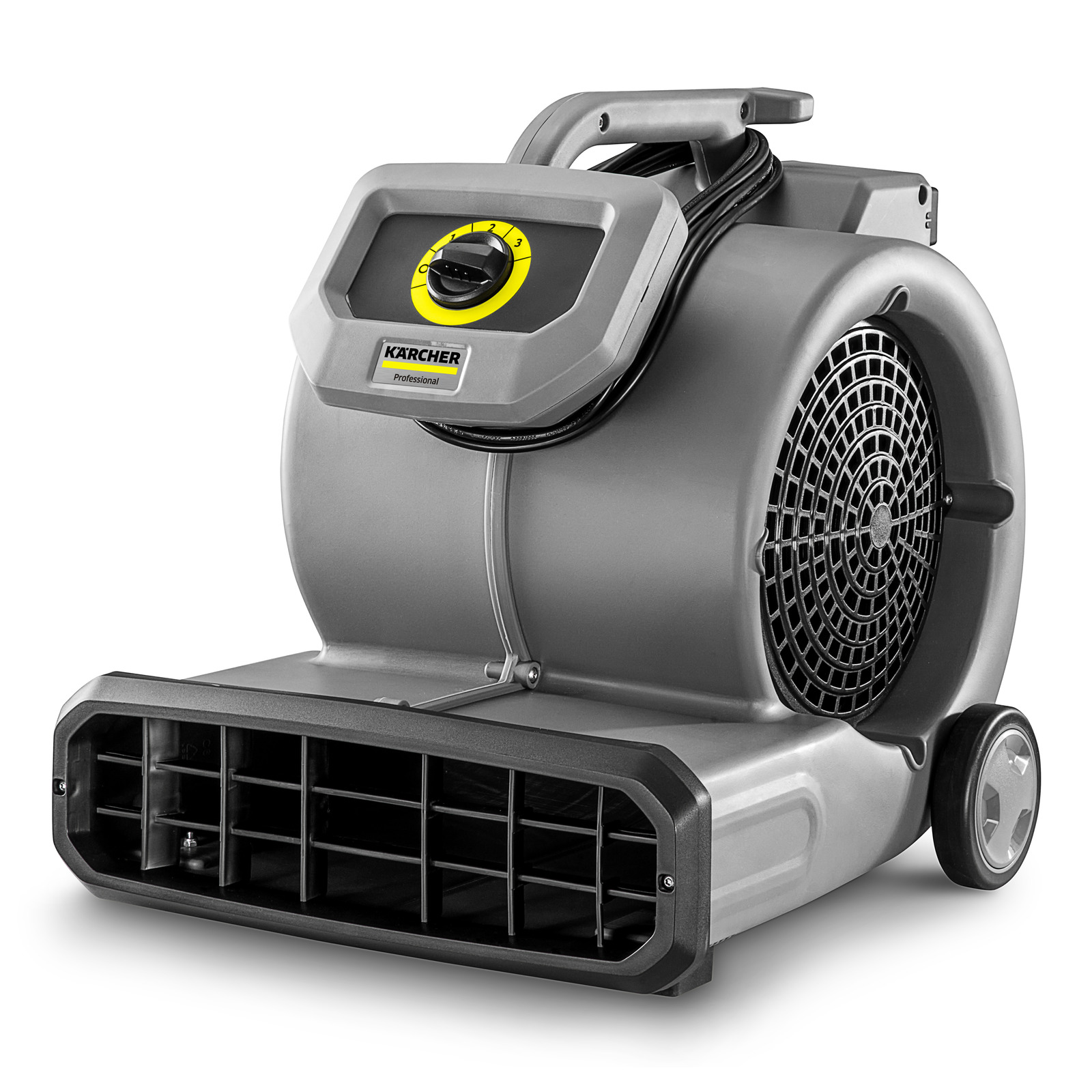 Grey Kärcher air blower with a circular vent, handle, and wheels, designed for drying surfaces efficiently.