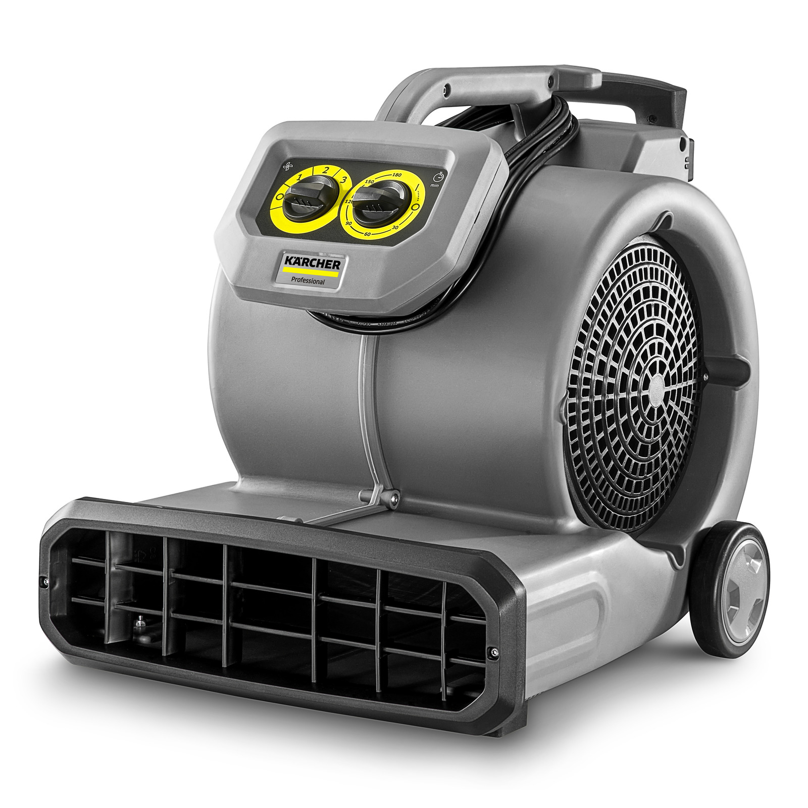 Grey Kärcher air blower with dual control knobs, large vent, and wheels for mobility, set against a plain white background.