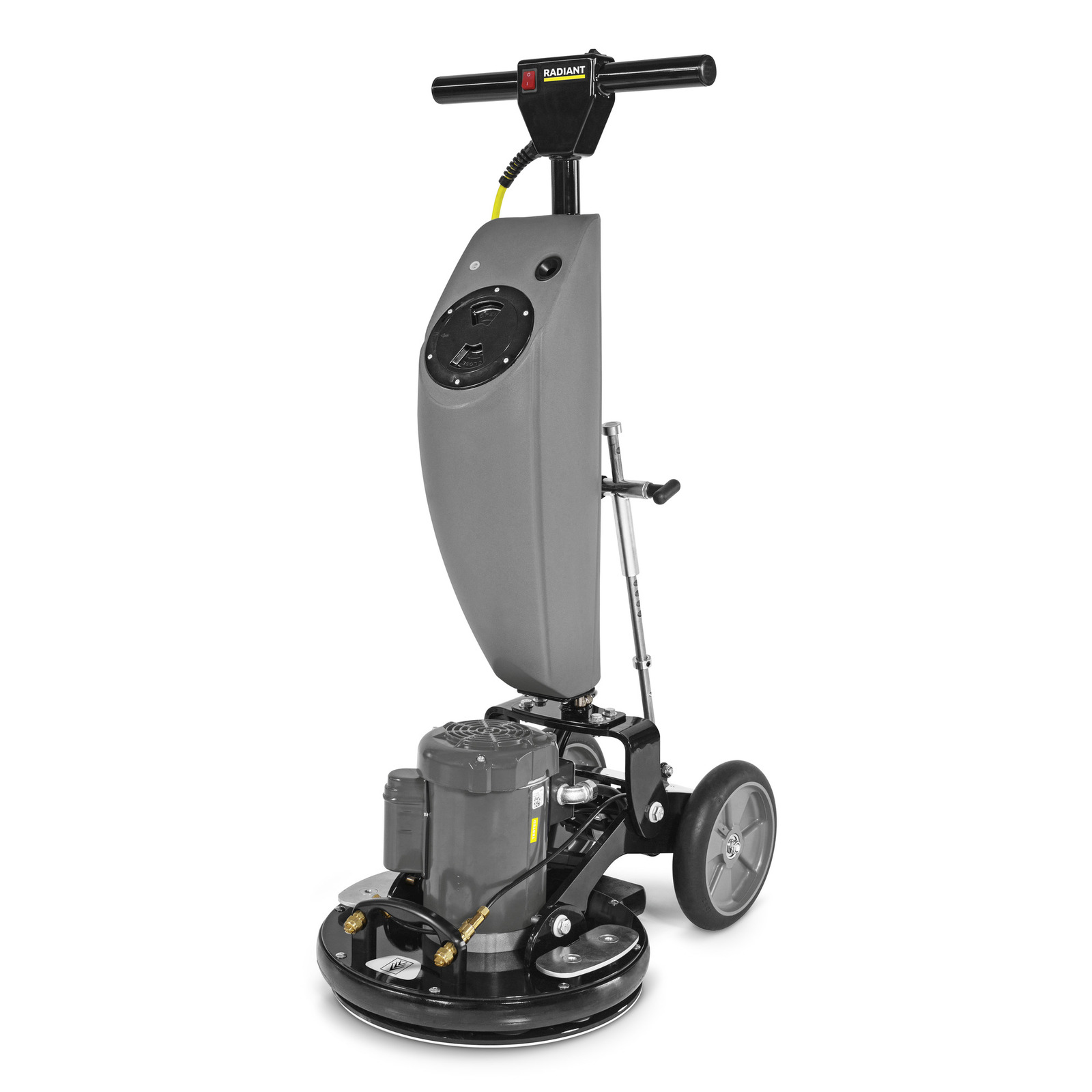 Grey Kärcher floor buffer with black handle and wheels, featuring a circular base and visible motor components.
