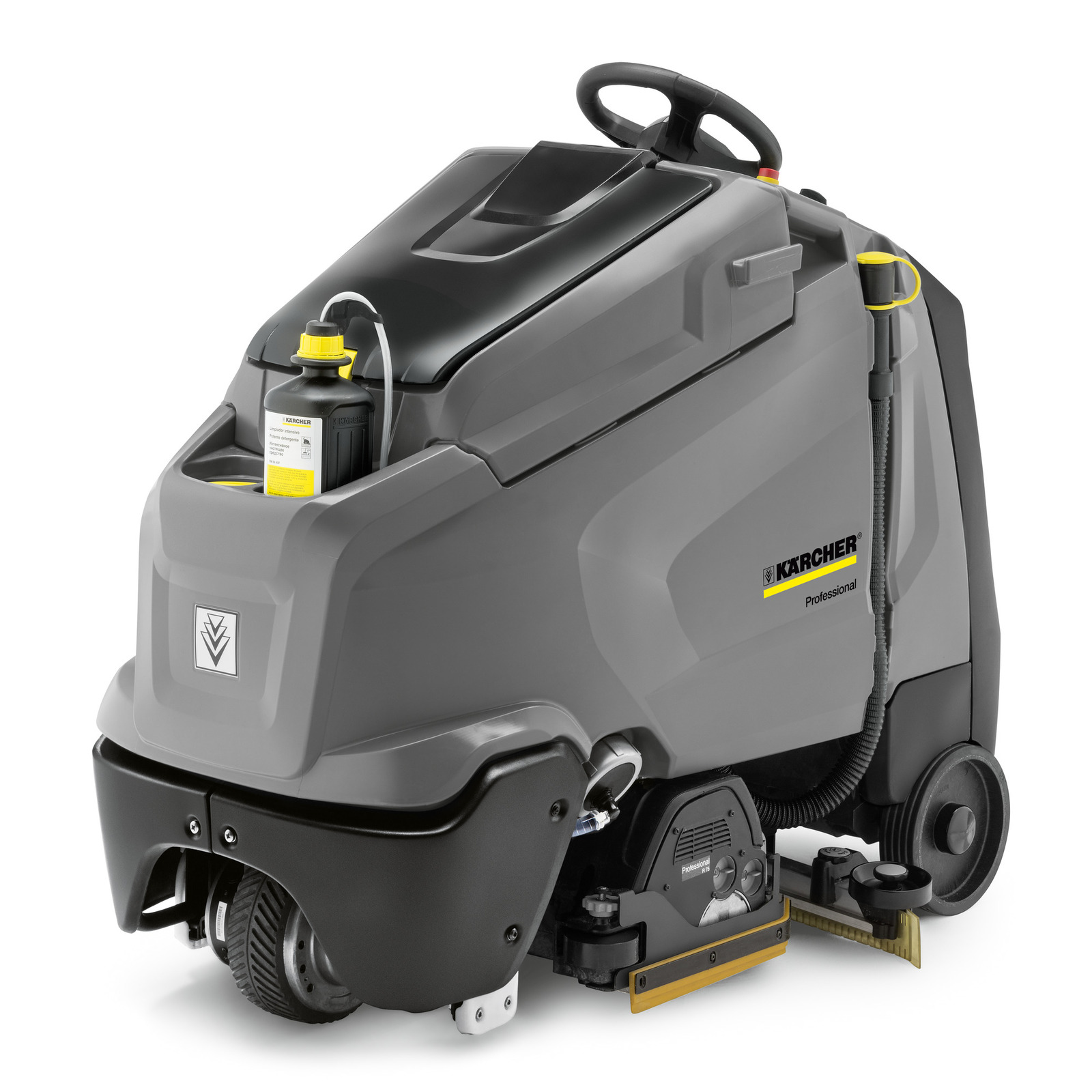 Kärcher professional floor scrubber with steering wheel, cleaning brush, and detergent bottle on top. Kärcher professional floor scrubber with steering wheel, cleaning brush, and detergent bottle on top.