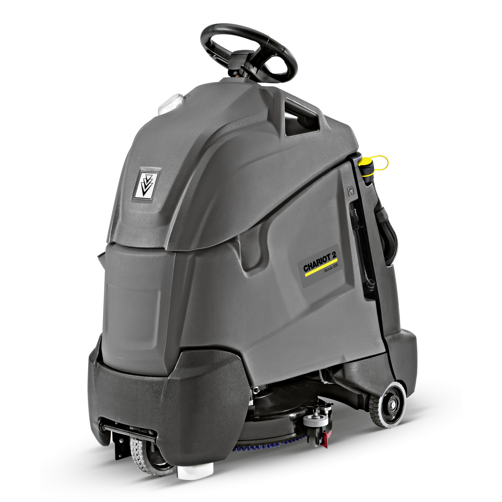 Grey Kärcher Chariot 2 floor scrubber with steering wheel, visible wheels, and cleaning brushes underneath.