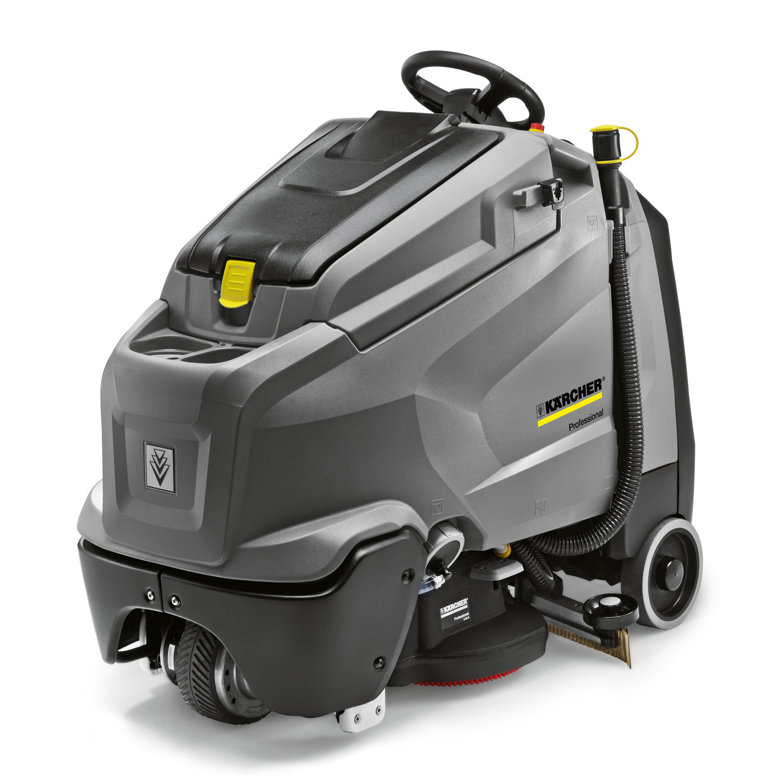Kärcher professional floor scrubber with grey body, black top, and steering handle, featuring wheels and cleaning brush underneath.