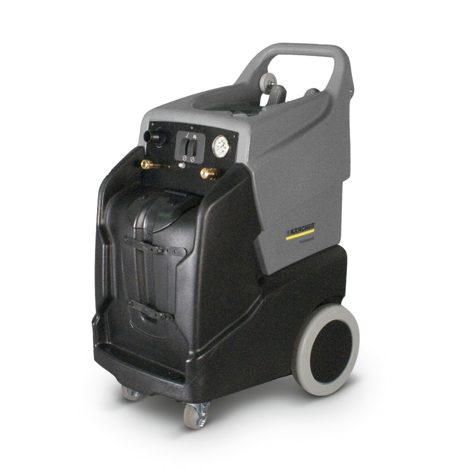 Kärcher professional carpet cleaner with grey and black body, control panel, and large wheels.