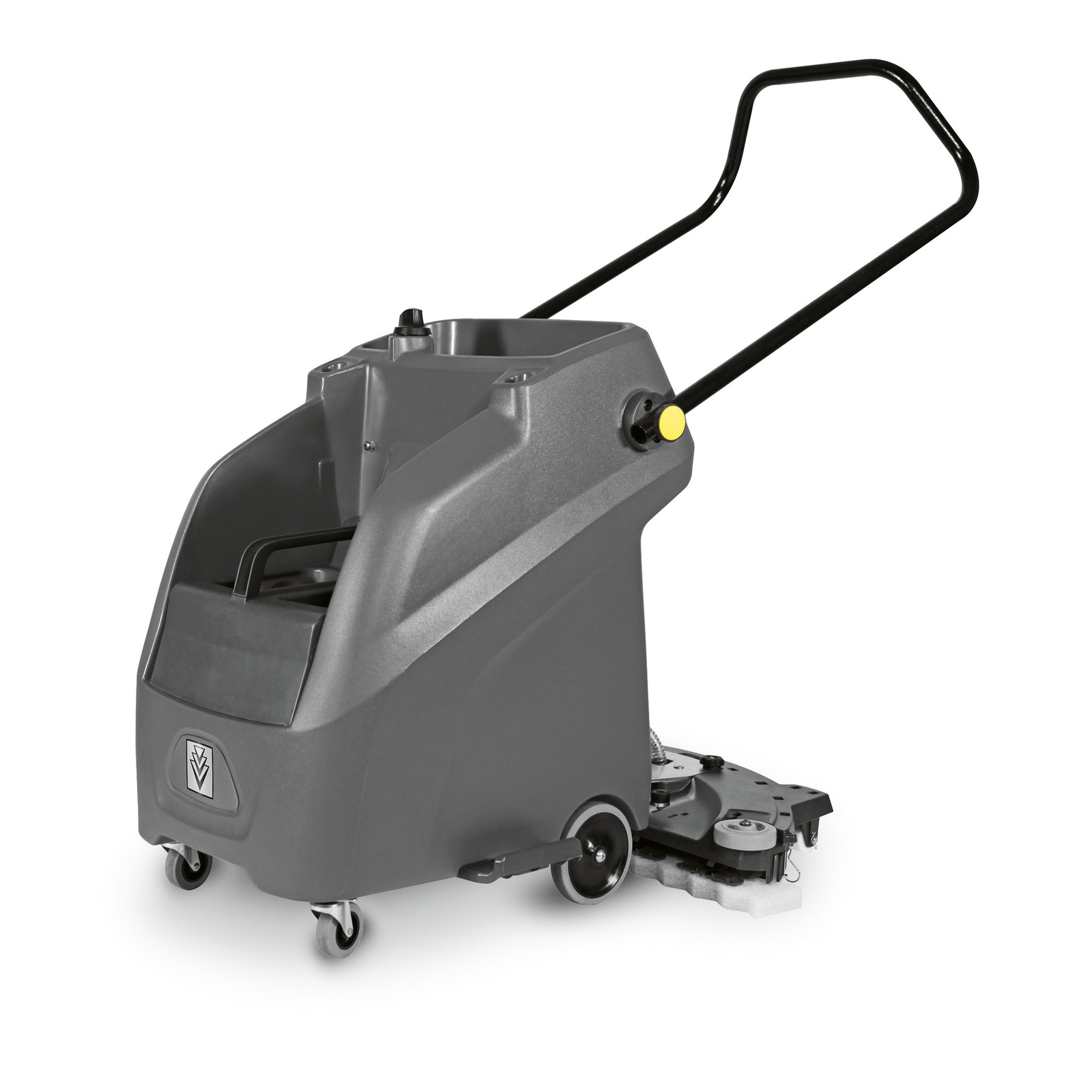 Grey Kärcher floor scrubber with black handle and wheels, viewed from the side on a white background. Grey Kärcher floor scrubber with black handle and wheels, viewed from the side on a white background.