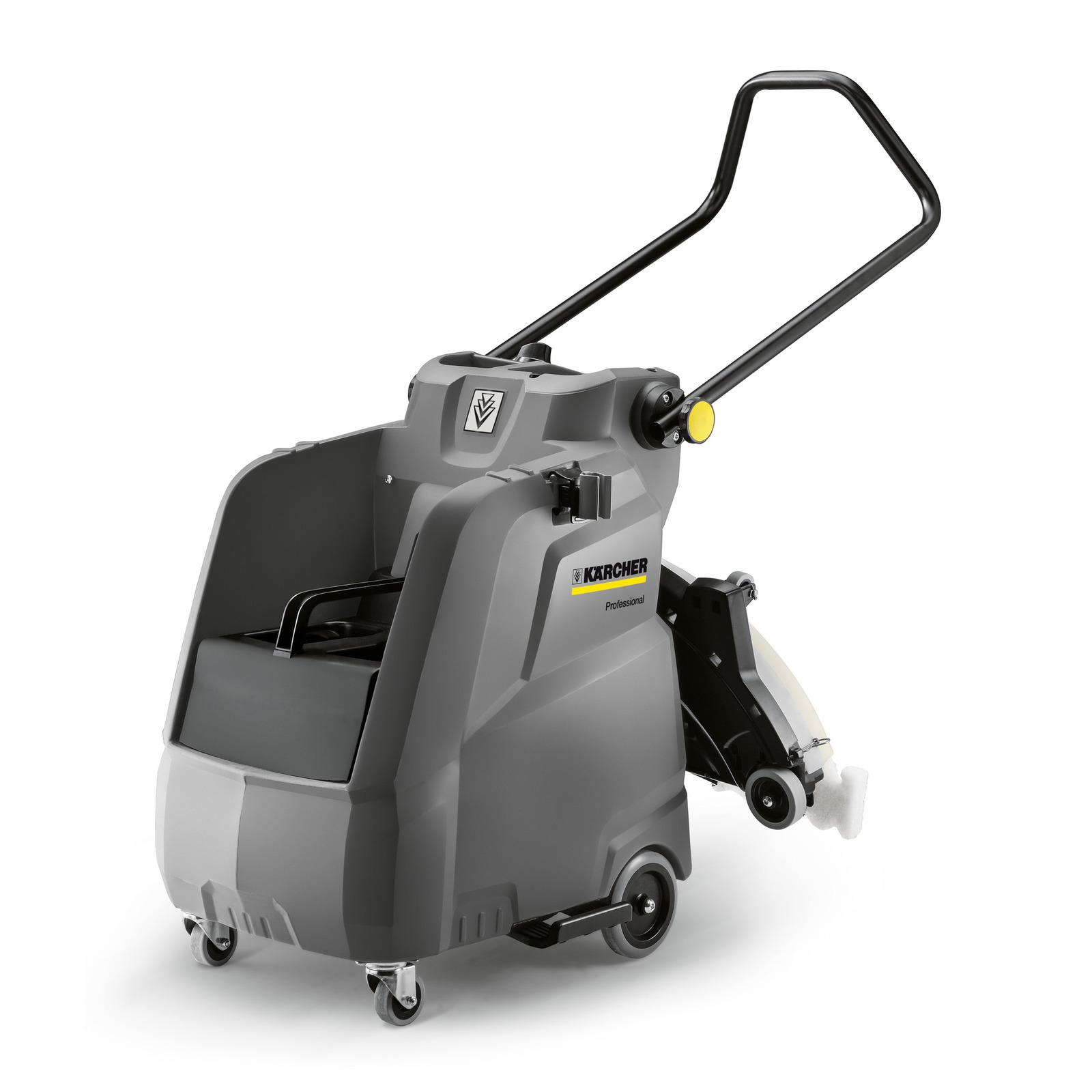 Grey Kärcher professional floor cleaning machine with a handle, wheels, and a visible scrubber attachment. Grey Kärcher professional floor cleaning machine with a handle, wheels, and a visible scrubber attachment.