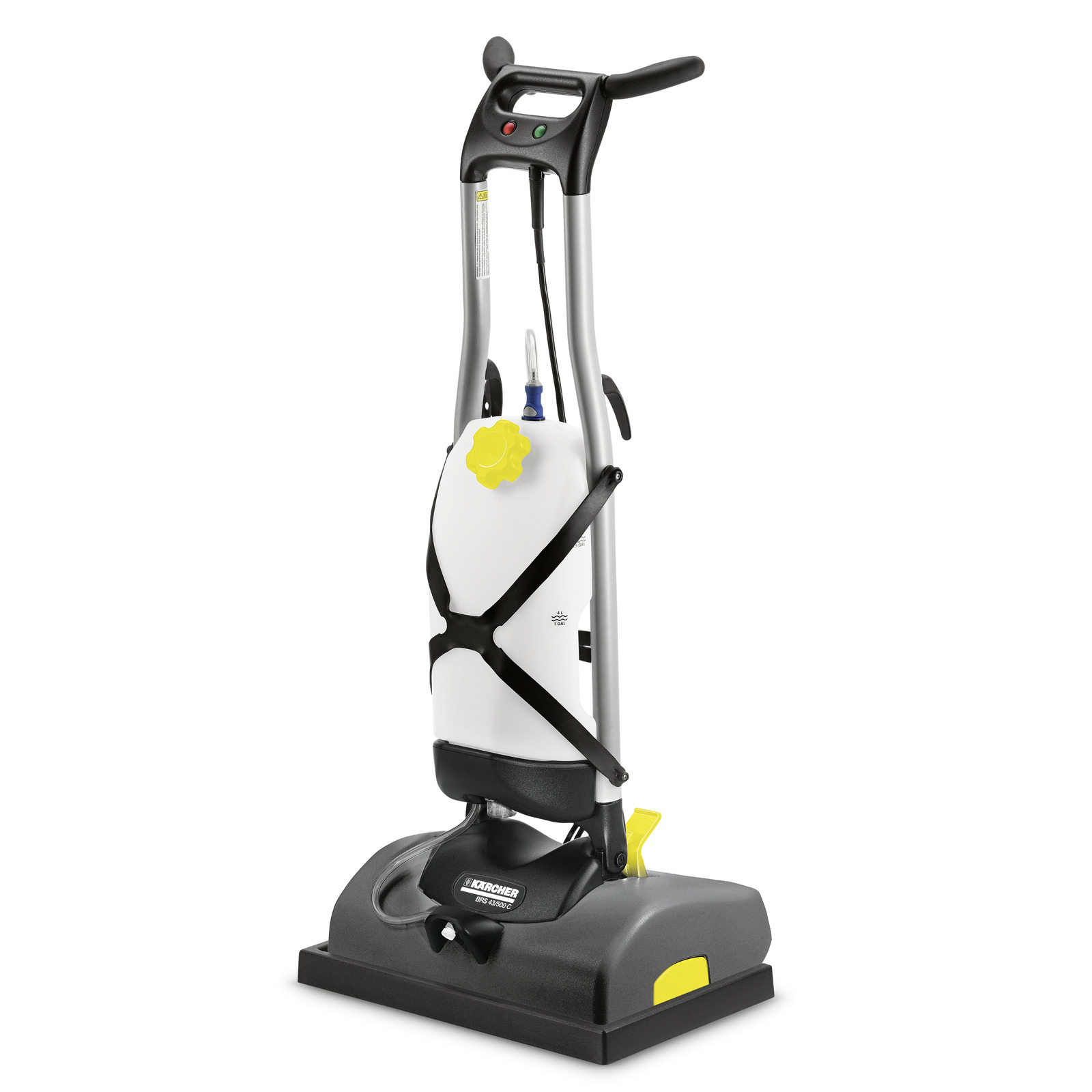 Kärcher upright floor scrubber with a white tank, black handle, and grey base. Kärcher upright floor scrubber with a white tank, black handle, and grey base.