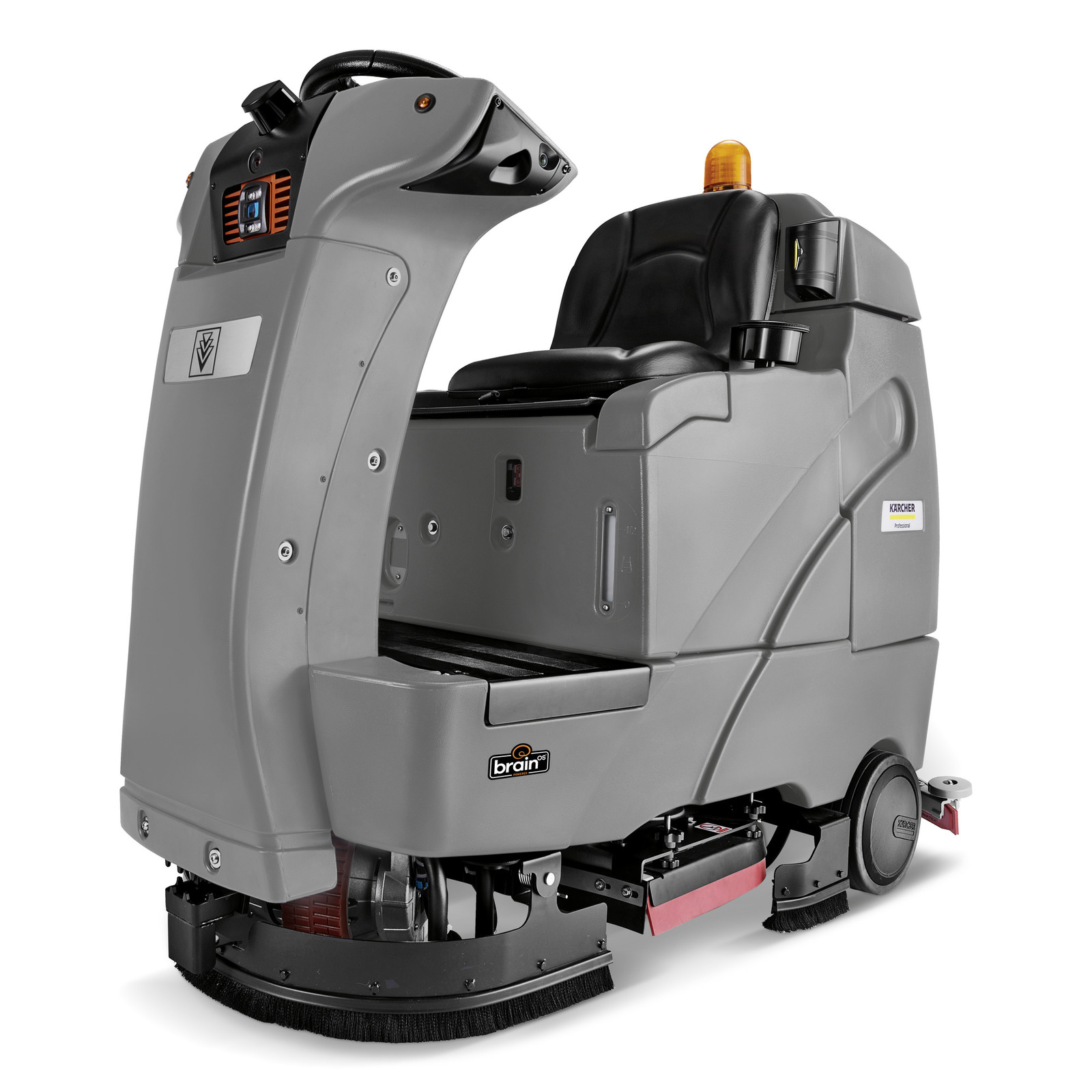 Grey Kärcher ride-on floor scrubber with black seat and orange warning light. Grey Kärcher ride-on floor scrubber with black seat and orange warning light.