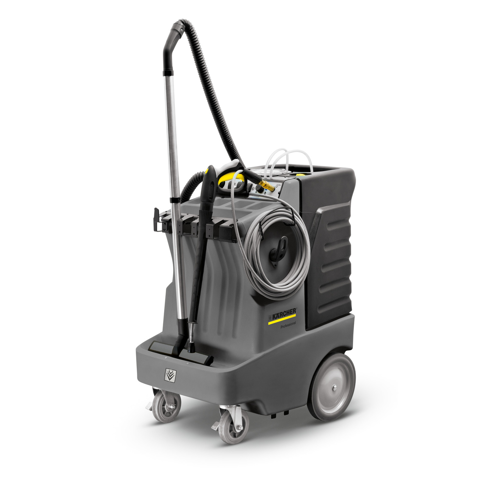 Kärcher professional cleaning machine with hose and handle, mounted on wheels for mobility.