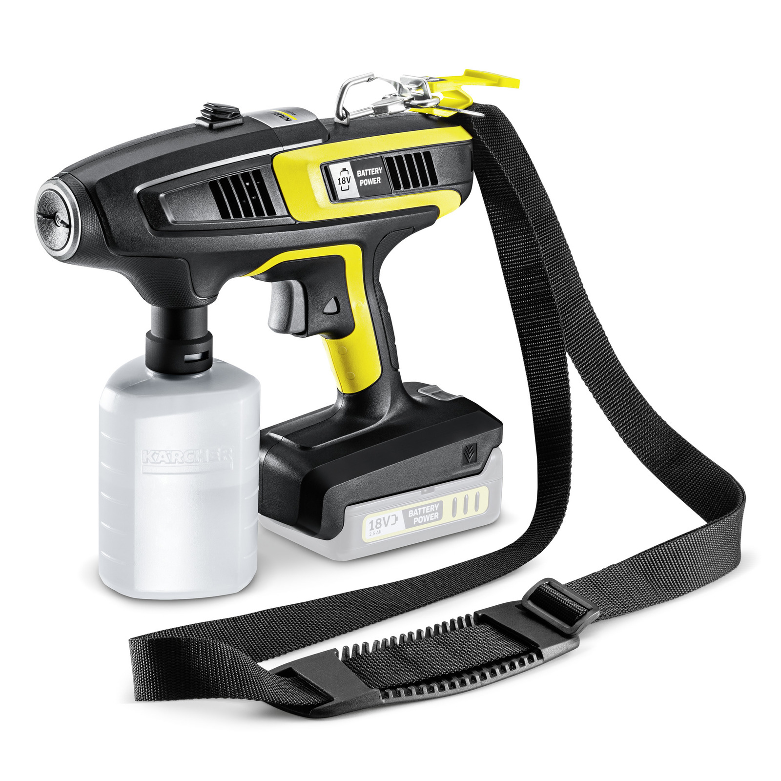 Kärcher 18V battery-powered spray gun with a detachable bottle and adjustable strap. Kärcher 18V battery-powered spray gun with a detachable bottle and adjustable strap.