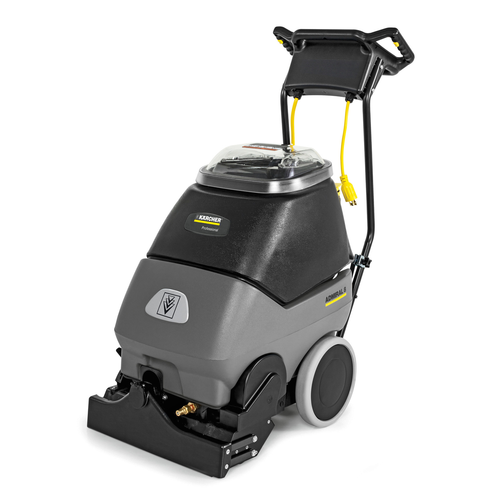 Kärcher Admiral 8 carpet cleaner with black handle and grey body, featuring wheels and a transparent lid. Kärcher Admiral 8 carpet cleaner with black handle and grey body, featuring wheels and a transparent lid.