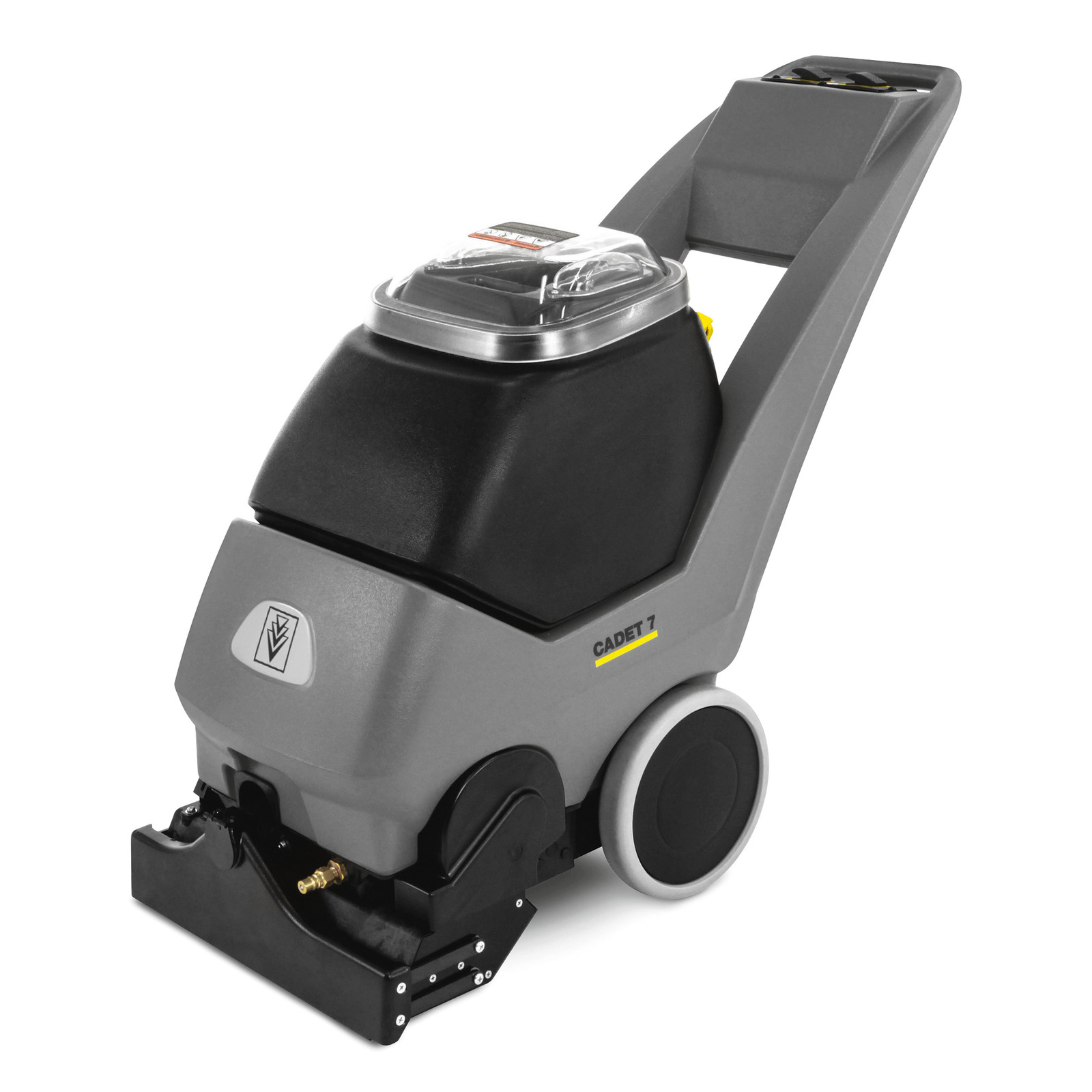 Grey Cadet 7 carpet extractor with black detailing, large wheels, and a transparent lid on top. Grey Cadet 7 carpet extractor with black detailing, large wheels, and a transparent lid on top.