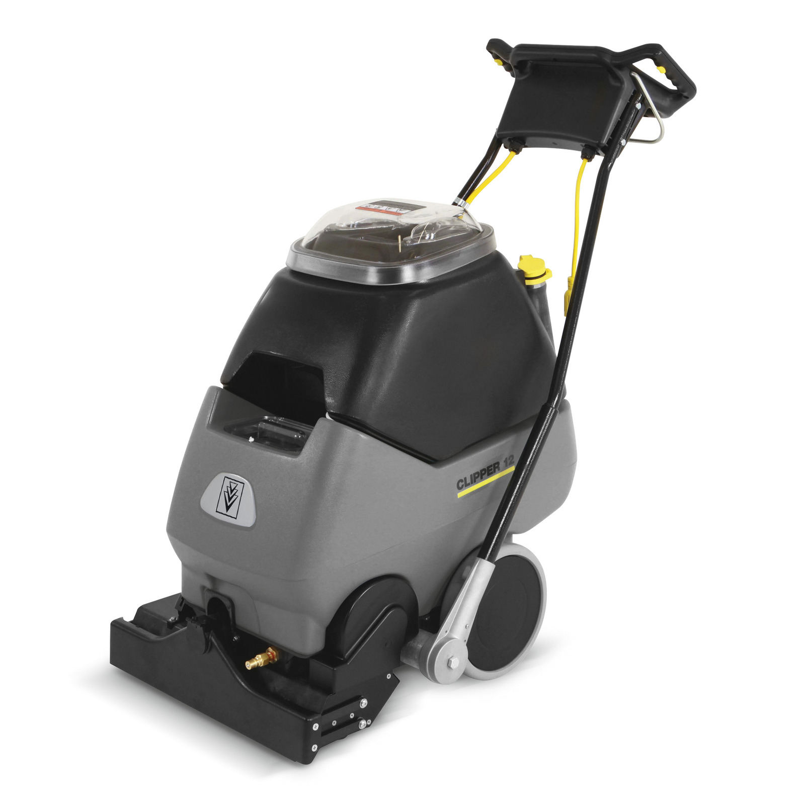Grey Kärcher carpet cleaner with black handle and transparent lid, featuring wheels and a nozzle at the front. Grey Kärcher carpet cleaner with black handle and transparent lid, featuring wheels and a nozzle at the front.