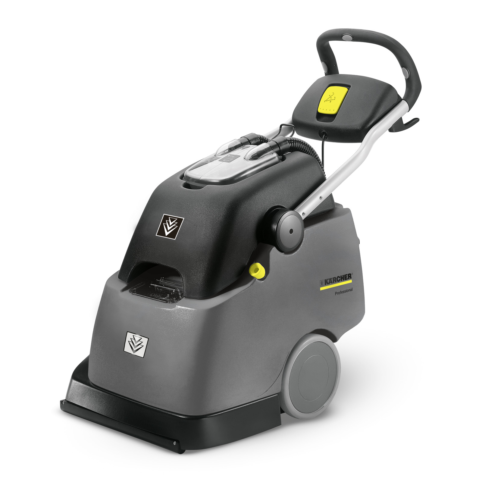 Kärcher carpet cleaner with a black and grey body, ergonomic handle, and visible hose attachment.