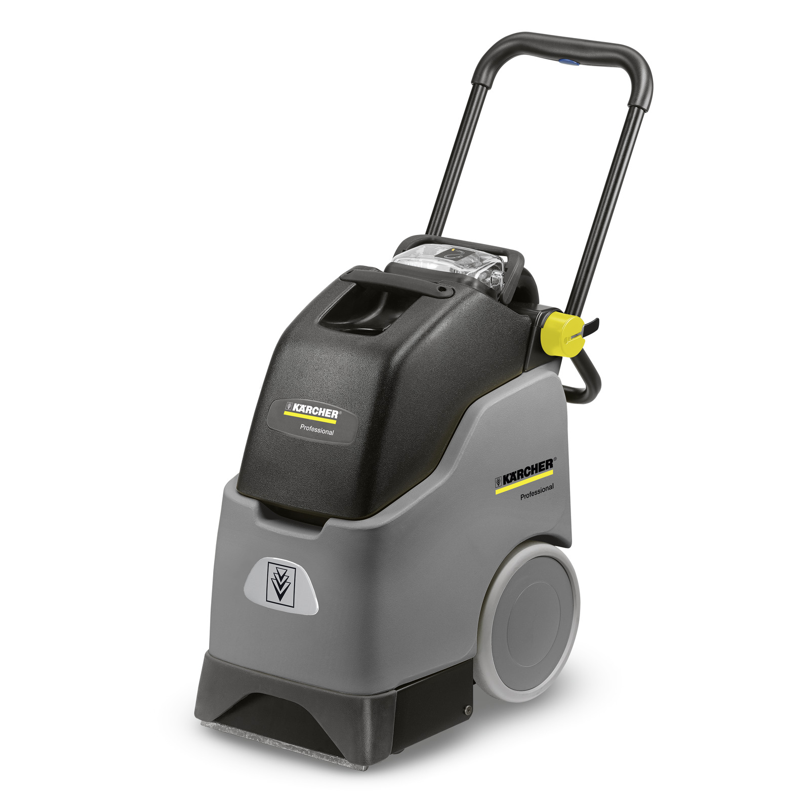 Kärcher professional carpet cleaner with a black and grey body, yellow control knob, and handle.