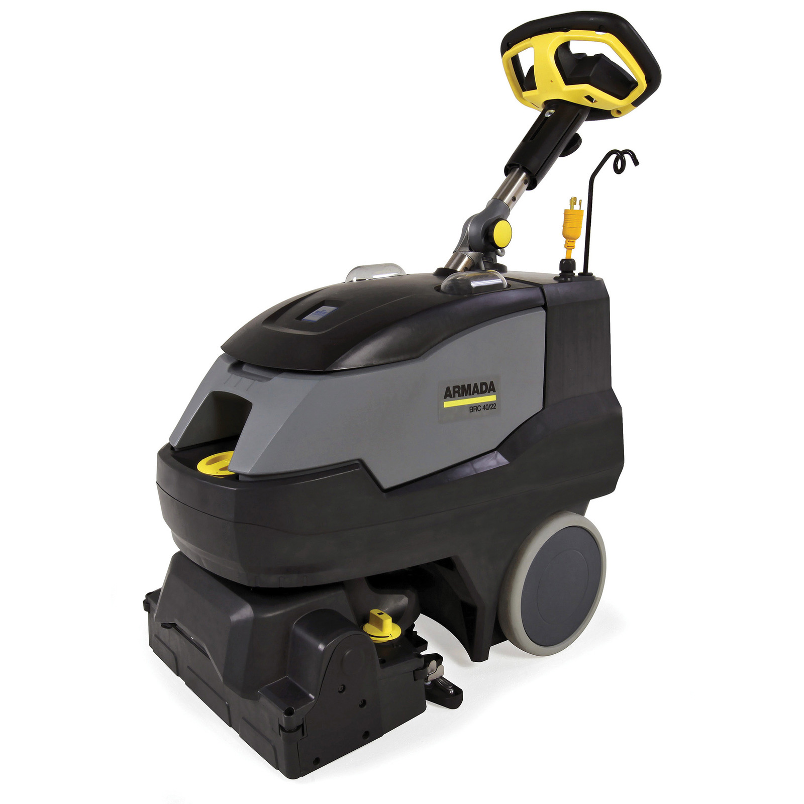 Armada BRC 40/22 carpet cleaner with grey and black body, yellow accents, and large rear wheels. Armada BRC 40/22 carpet cleaner with grey and black body, yellow accents, and large rear wheels.