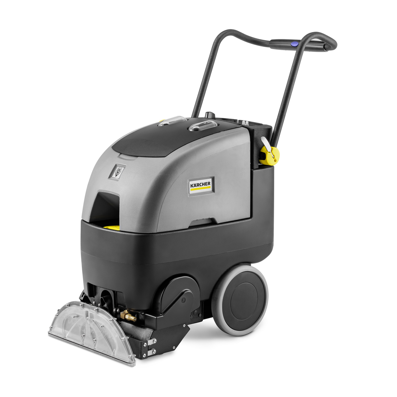 Kärcher carpet cleaner with a grey and black body, two large wheels, and a handle, designed for professional cleaning. Kärcher carpet cleaner with a grey and black body, two large wheels, and a handle, designed for professional cleaning.