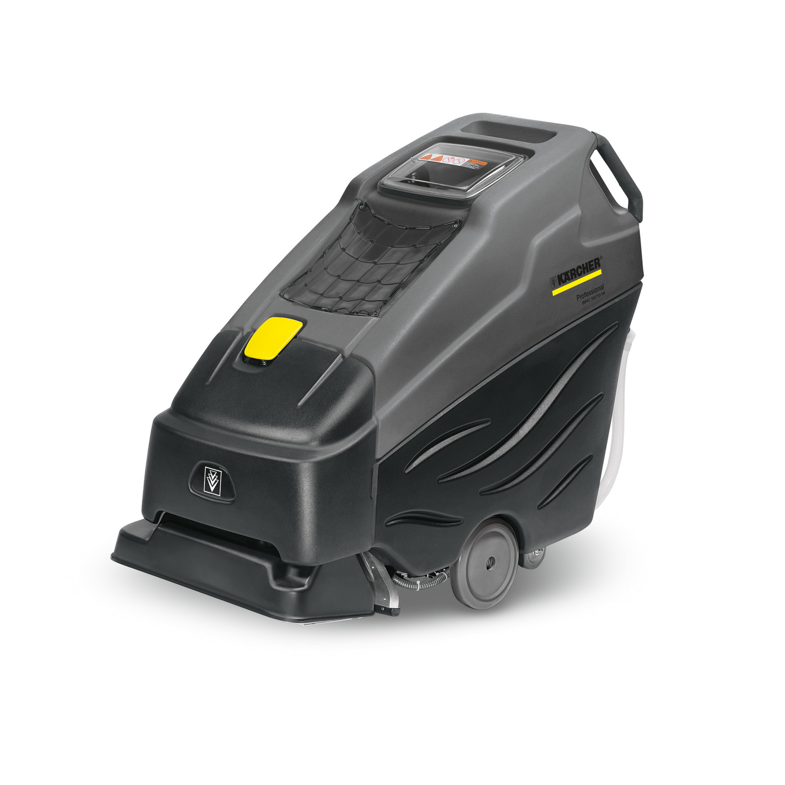 Kärcher carpet cleaner with grey and black body, yellow button, and wheels, designed for professional use.