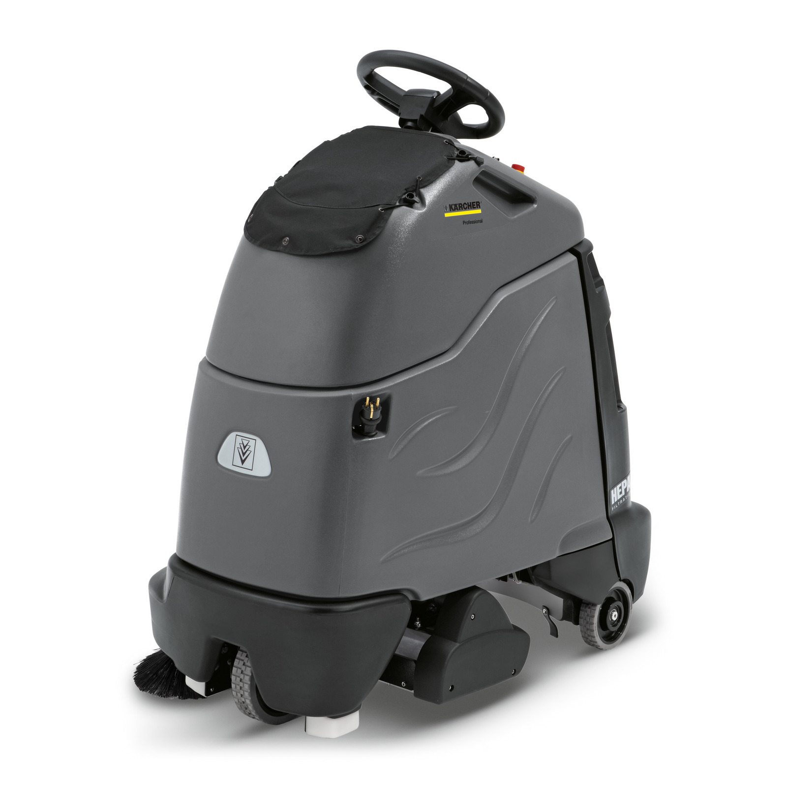 Grey Kärcher floor scrubber with steering wheel, side brush, and HEPA filter label, designed for professional cleaning.