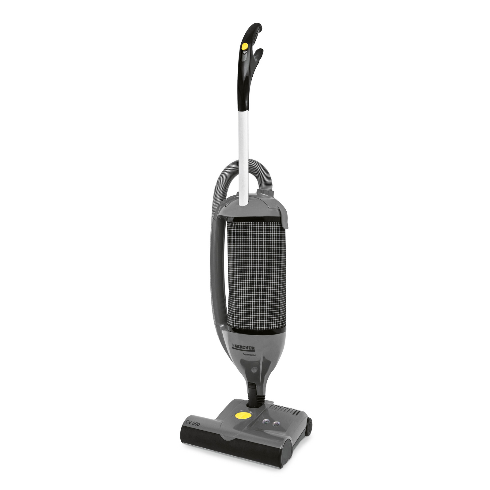 Kärcher CV 300 upright vacuum cleaner with black and grey design, featuring a curved handle and hose attachment. Kärcher CV 300 upright vacuum cleaner with black and grey design, featuring a curved handle and hose attachment.