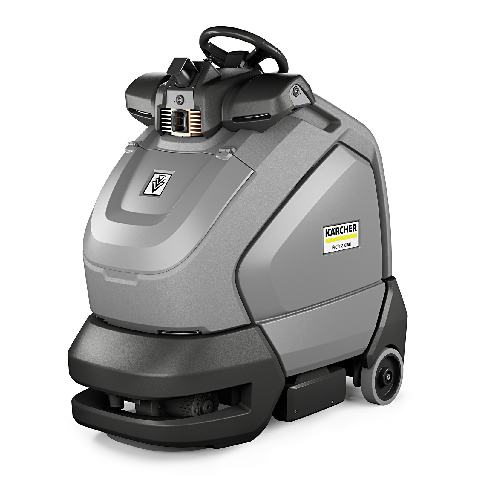 Grey Kärcher professional floor scrubber with steering wheel, featuring a compact design and visible wheels. Grey Kärcher professional floor scrubber with steering wheel, featuring a compact design and visible wheels.