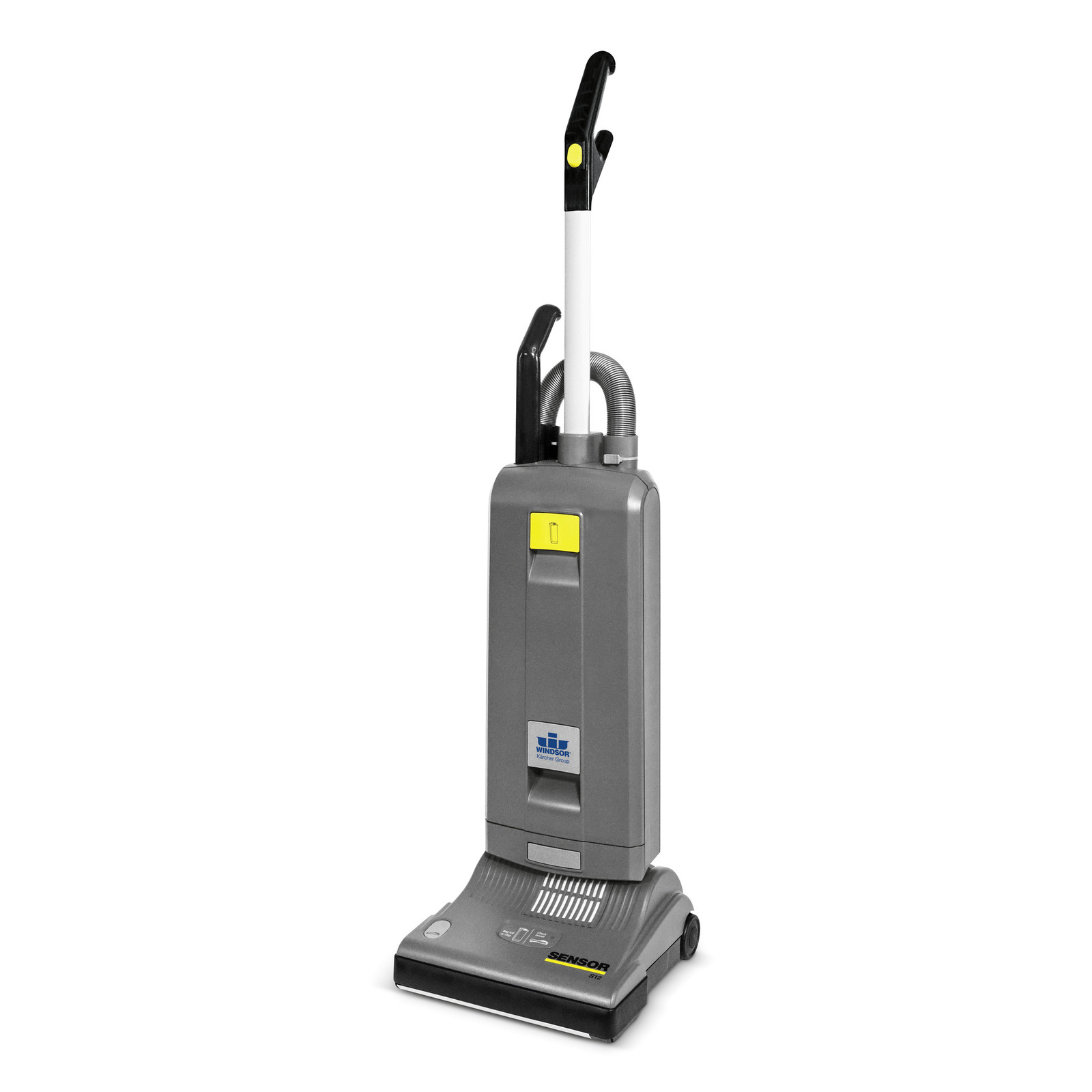 Grey upright vacuum cleaner with a handle, hose, and wheels, featuring a yellow button and branding on the front.