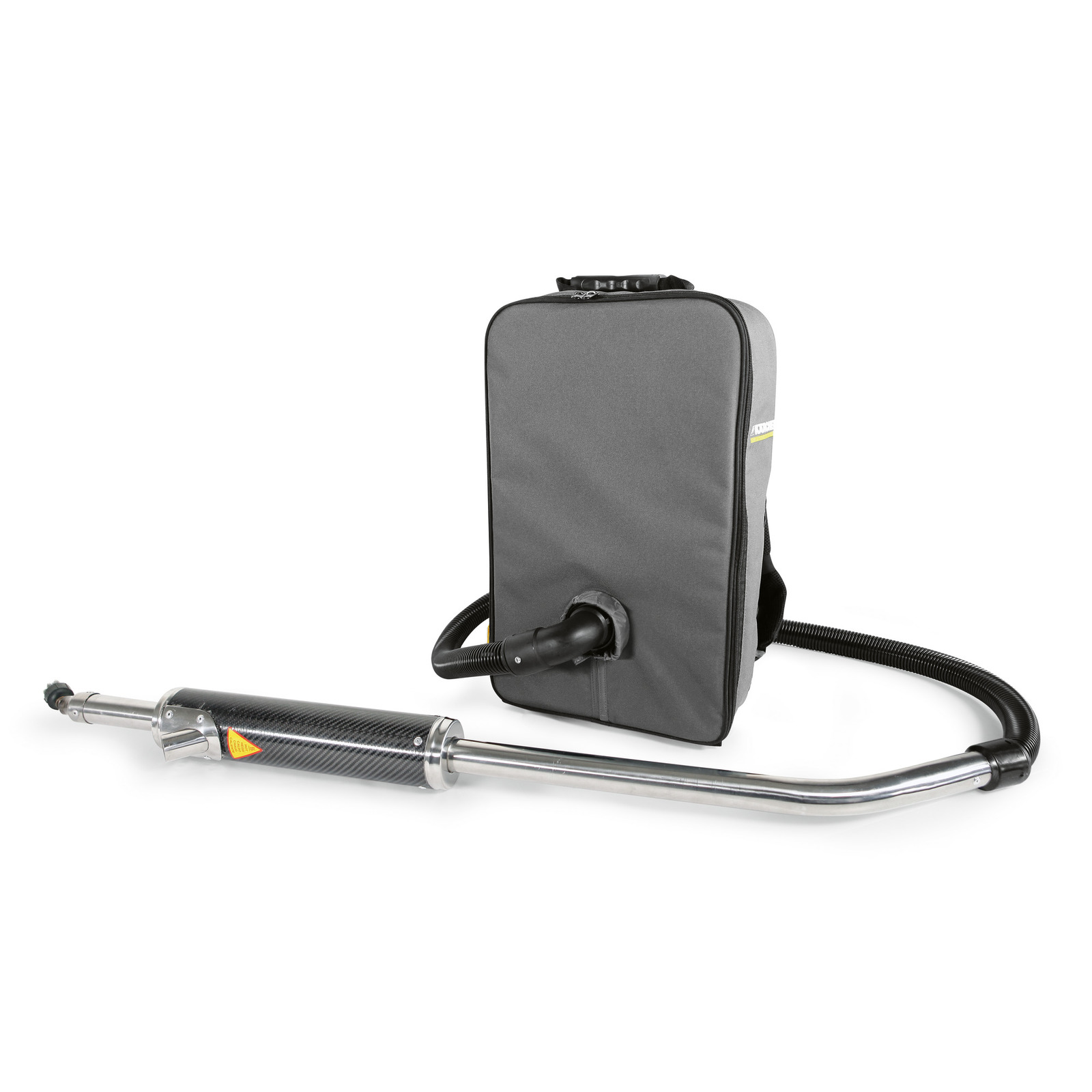 Kärcher backpack vacuum cleaner with a grey case and attached hose, featuring a metal wand with a carbon fibre finish. Kärcher backpack vacuum cleaner with a grey case and attached hose, featuring a metal wand with a carbon fibre finish.