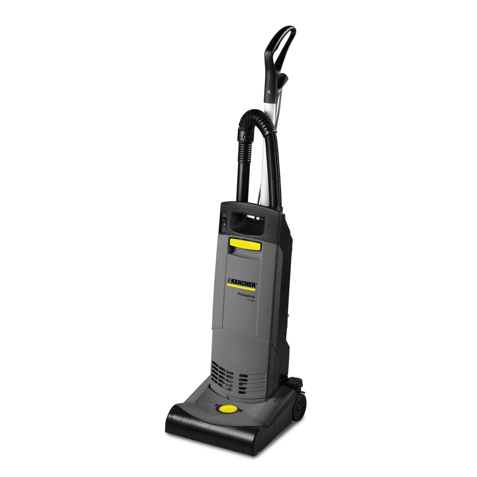 Kärcher upright vacuum cleaner with grey body, black handle, and yellow accents, standing on a white background.