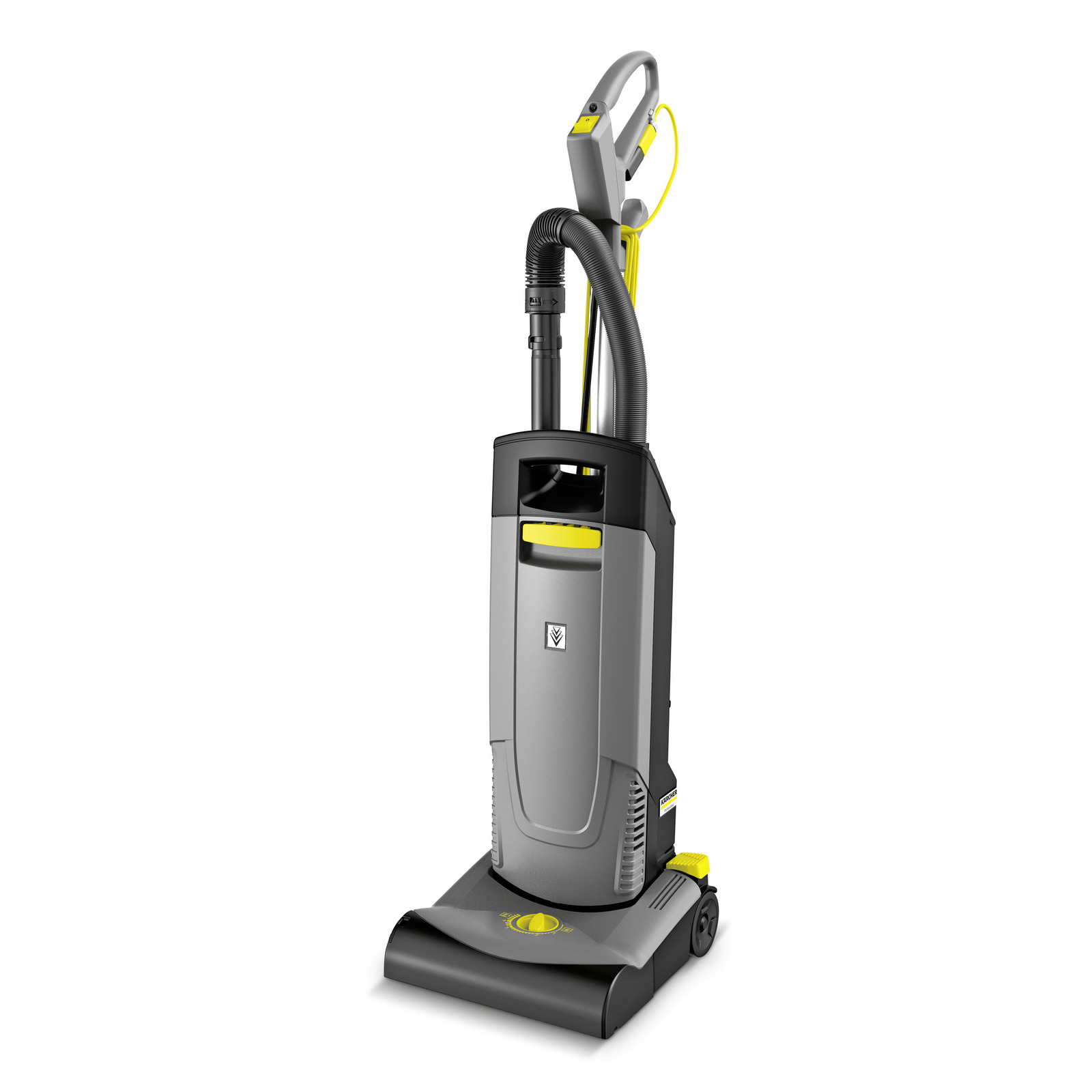 Kärcher upright vacuum cleaner with grey and yellow accents, featuring a handle and hose attachment.