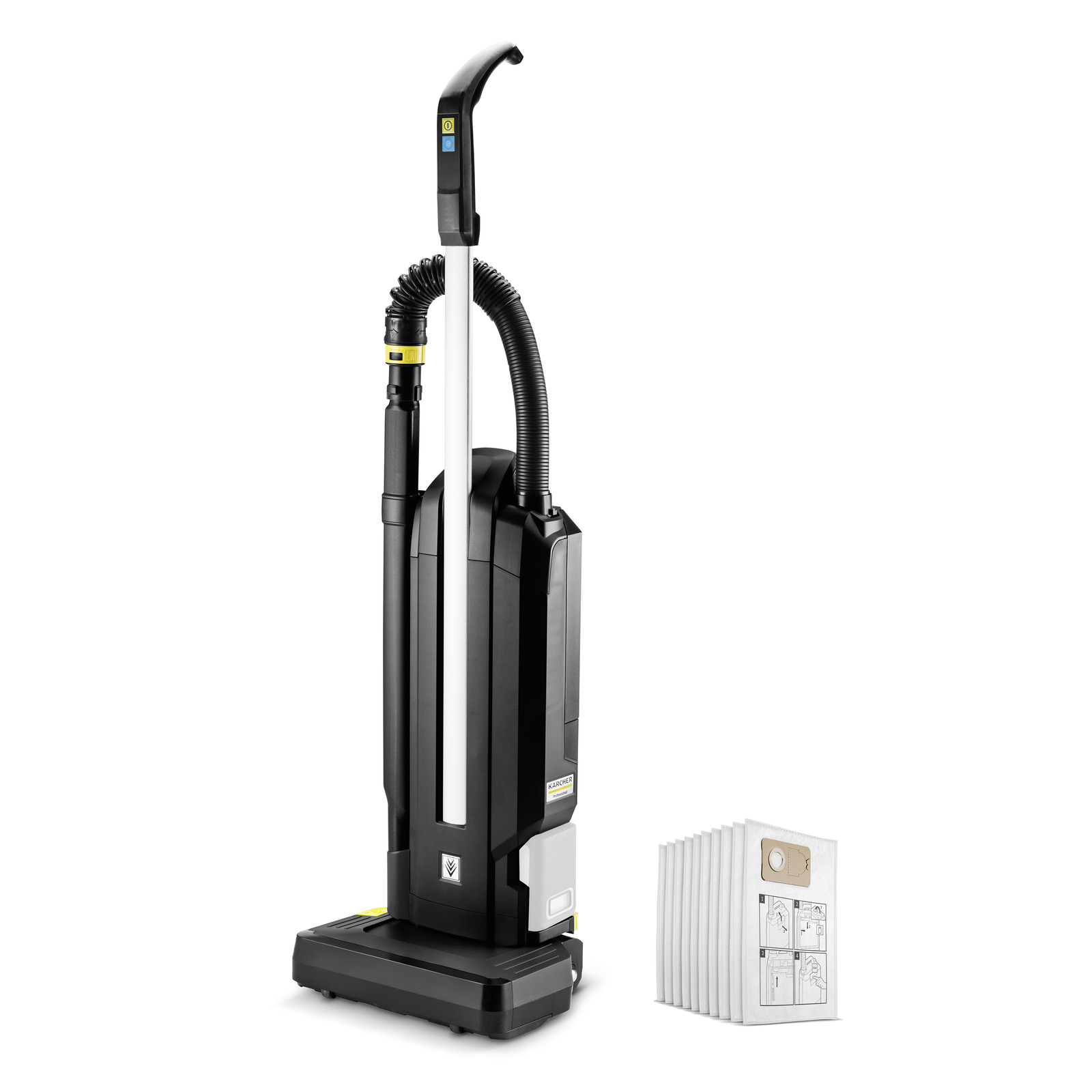 Kärcher upright vacuum cleaner with hose attachment, standing next to a stack of vacuum bags. Kärcher upright vacuum cleaner with hose attachment, standing next to a stack of vacuum bags.
