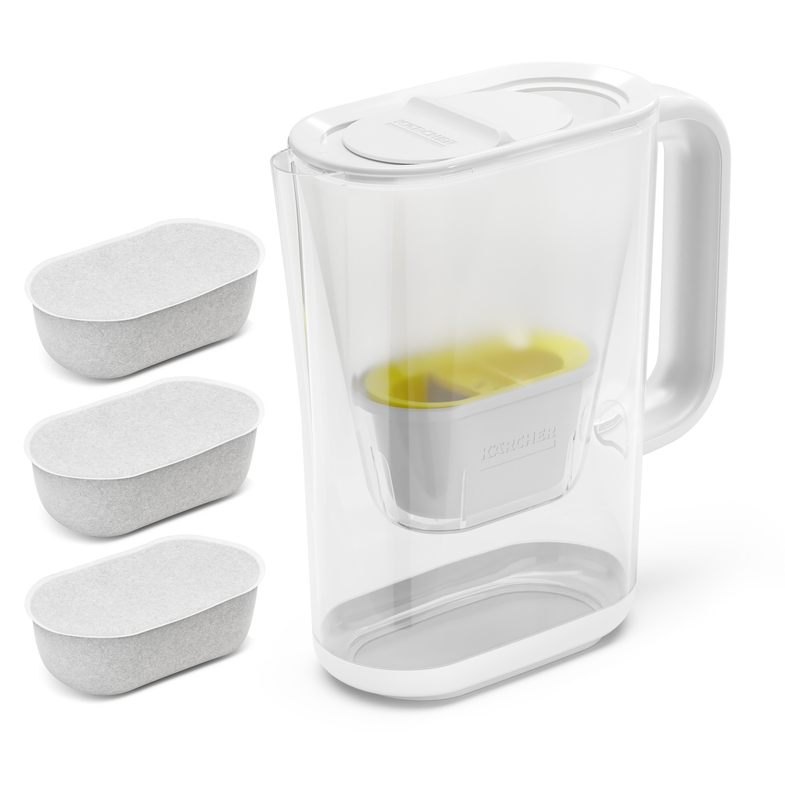 Kärcher Wasserfilterkanne mit drei Ersatzfilterkartuschen, transparentes Design mit gelbem Filtereinsatz.