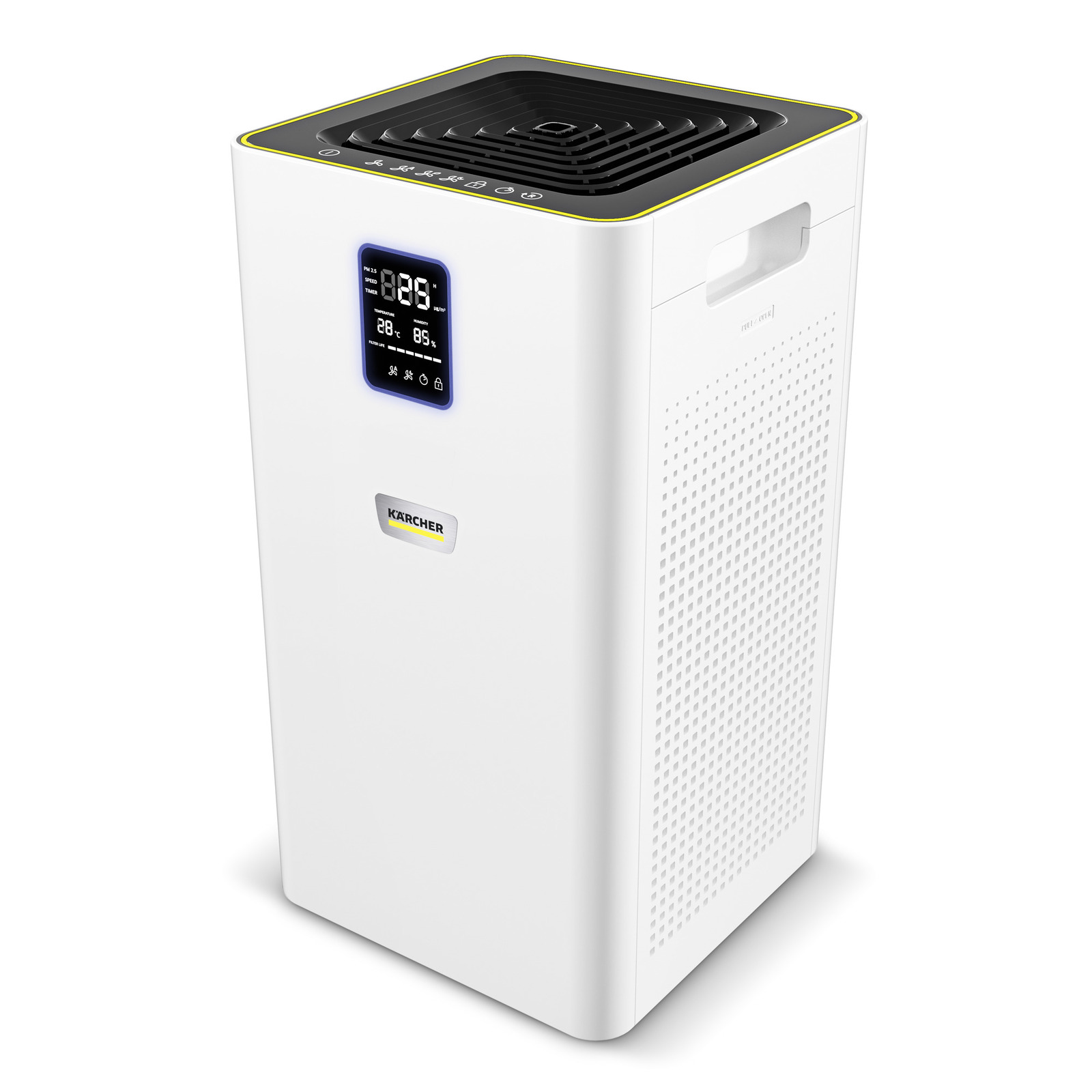 Kärcher air purifier with digital display showing temperature and humidity, featuring a sleek white design and perforated sides.