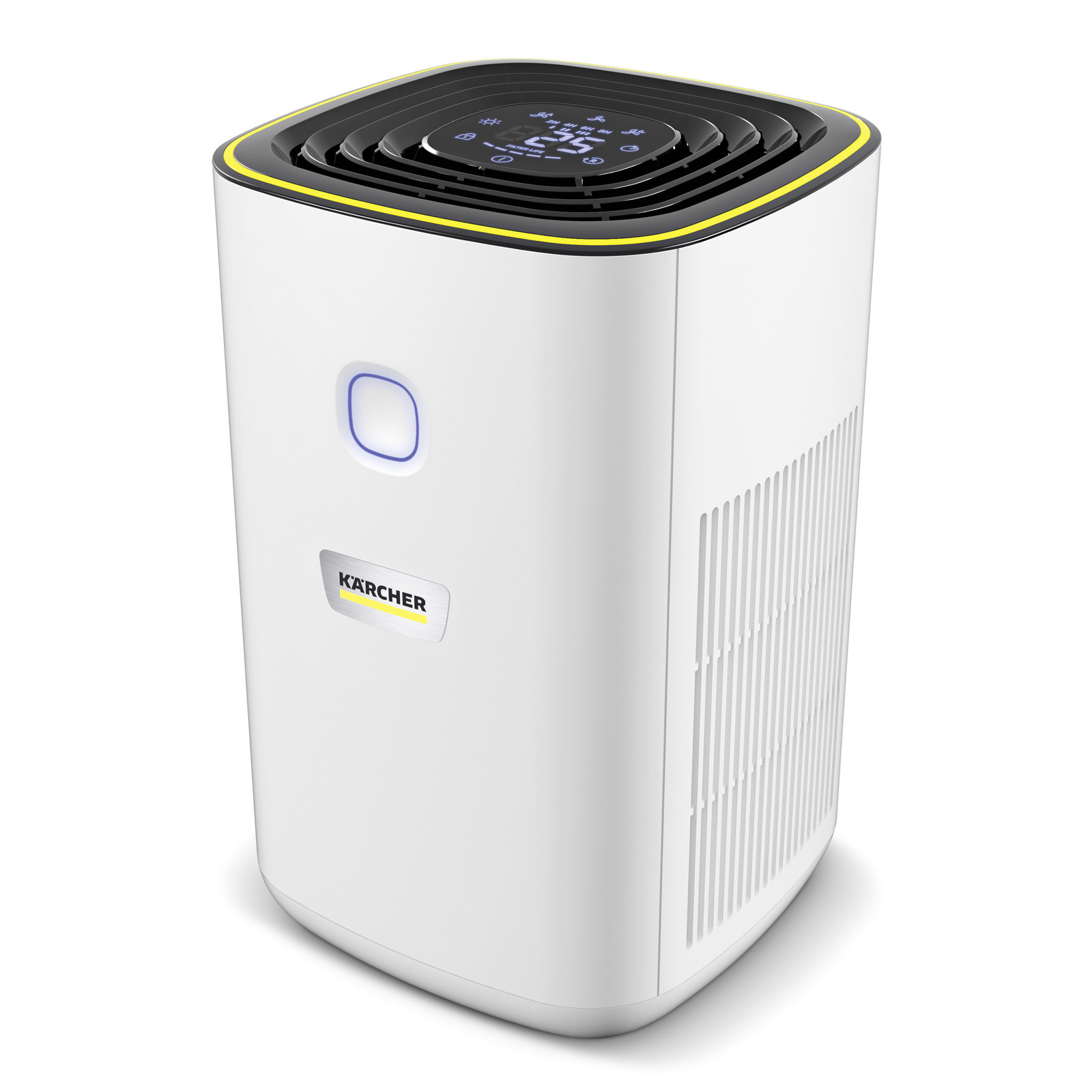 Kärcher air purifier with digital display, white body, and black top with yellow trim. Kärcher air purifier with digital display, white body, and black top with yellow trim.