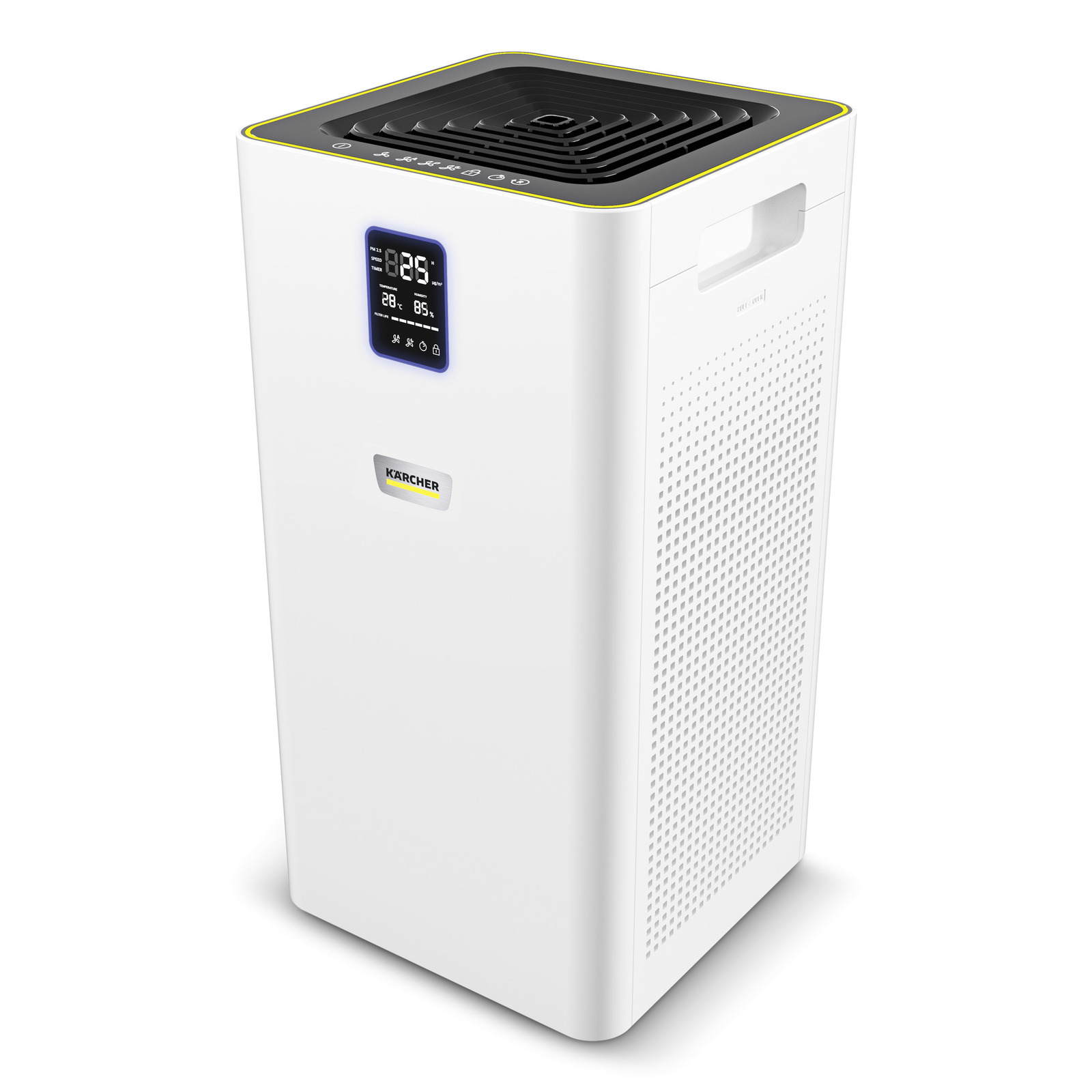 Kärcher air purifier with digital display showing temperature and humidity, white body with perforated sides. Kärcher air purifier with digital display showing temperature and humidity, white body with perforated sides.